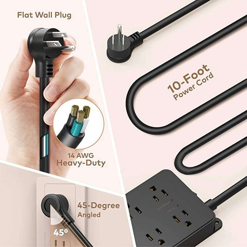 Strip Surge Protector with USB ETL Listed TROND Flat Plug Extension Cord Long 10ft Wall Mountable 7 WidelySpaced Outlets amp 3 USB Ports 1700 Joules Black