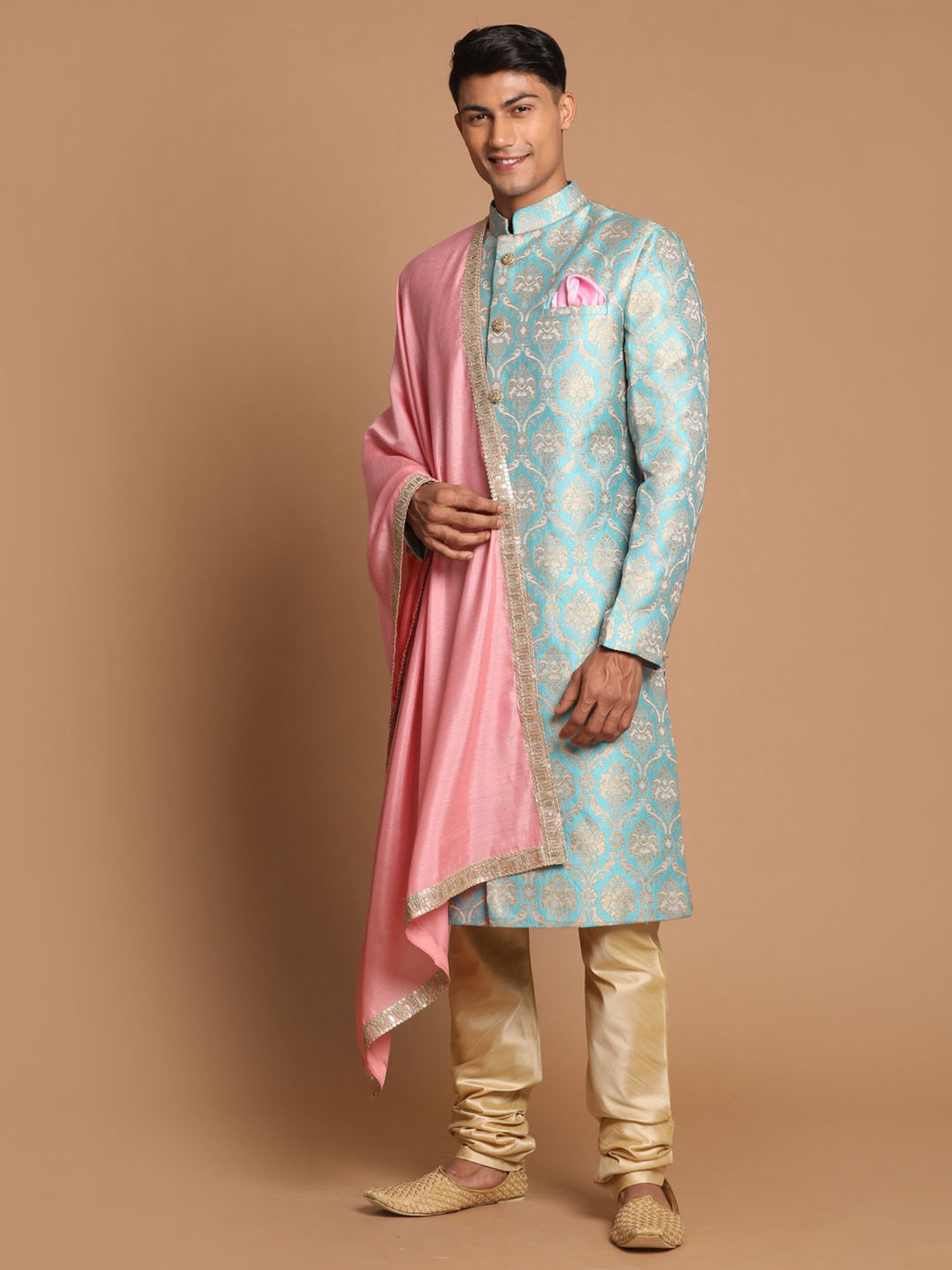 Benstoke Black & Maroon Regular Fit Sherwani Set