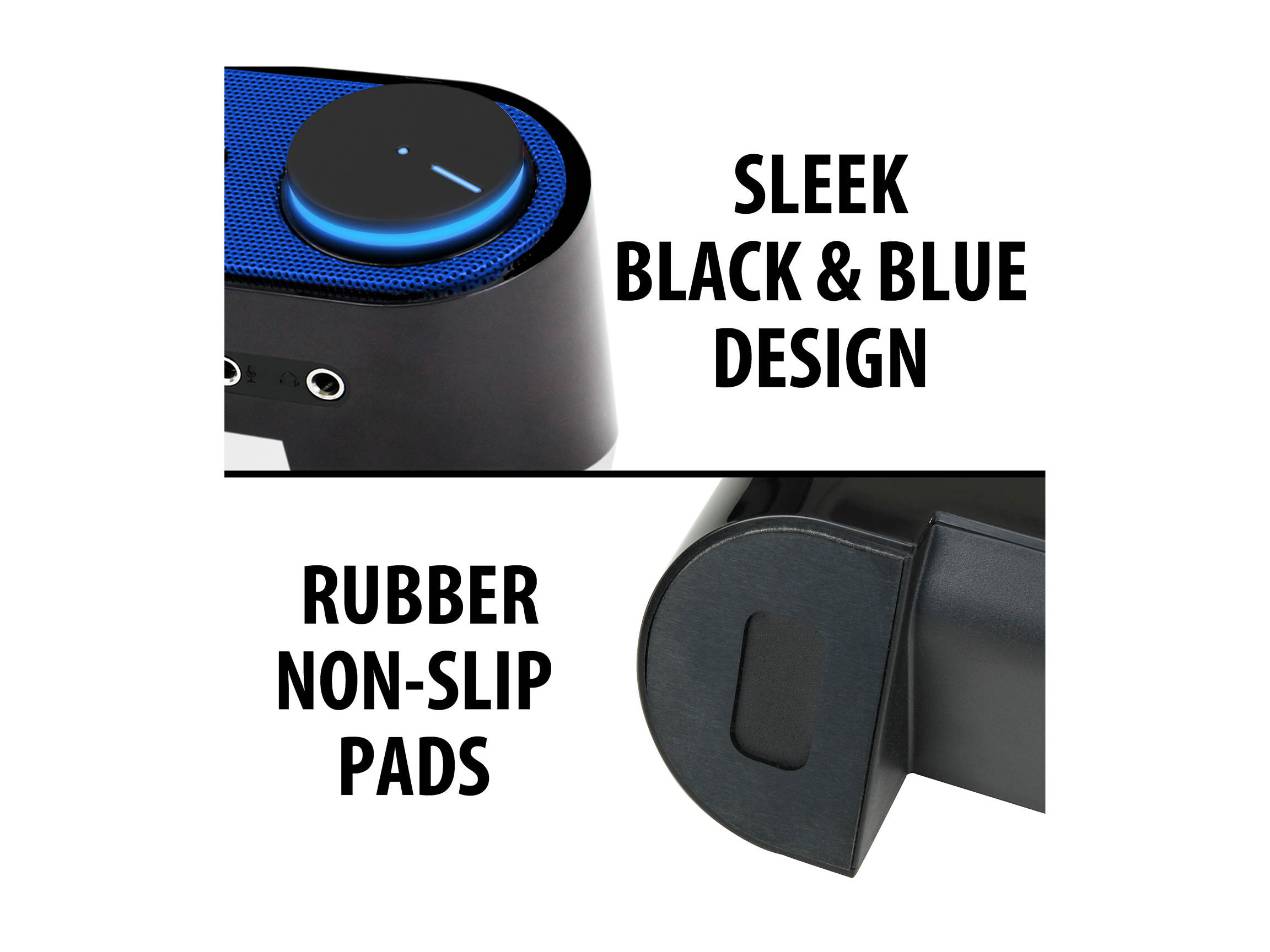 Desktop Computer Sound Bar Speaker w/ Easy Access Headphone & Mic Jacks by GOgroove - SonaVERSE UBR (Blue) - USB Powered, LED accents, Compact 16.5" Length, Angled Design - Ideal for Small Desks