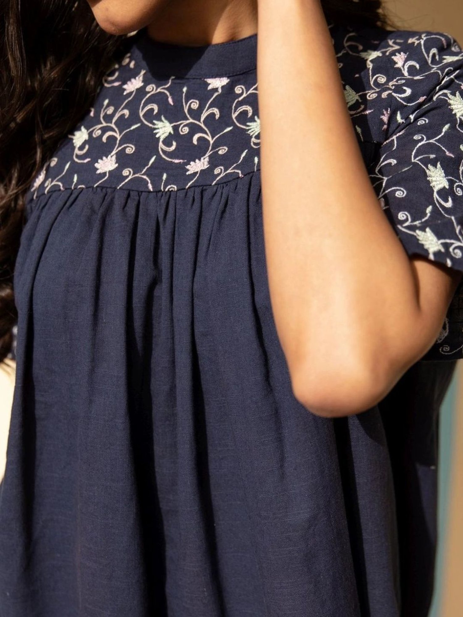 Autumnlane Blue Osho Azure Embroidery Cotton Tunic with Pant Co-ord Set