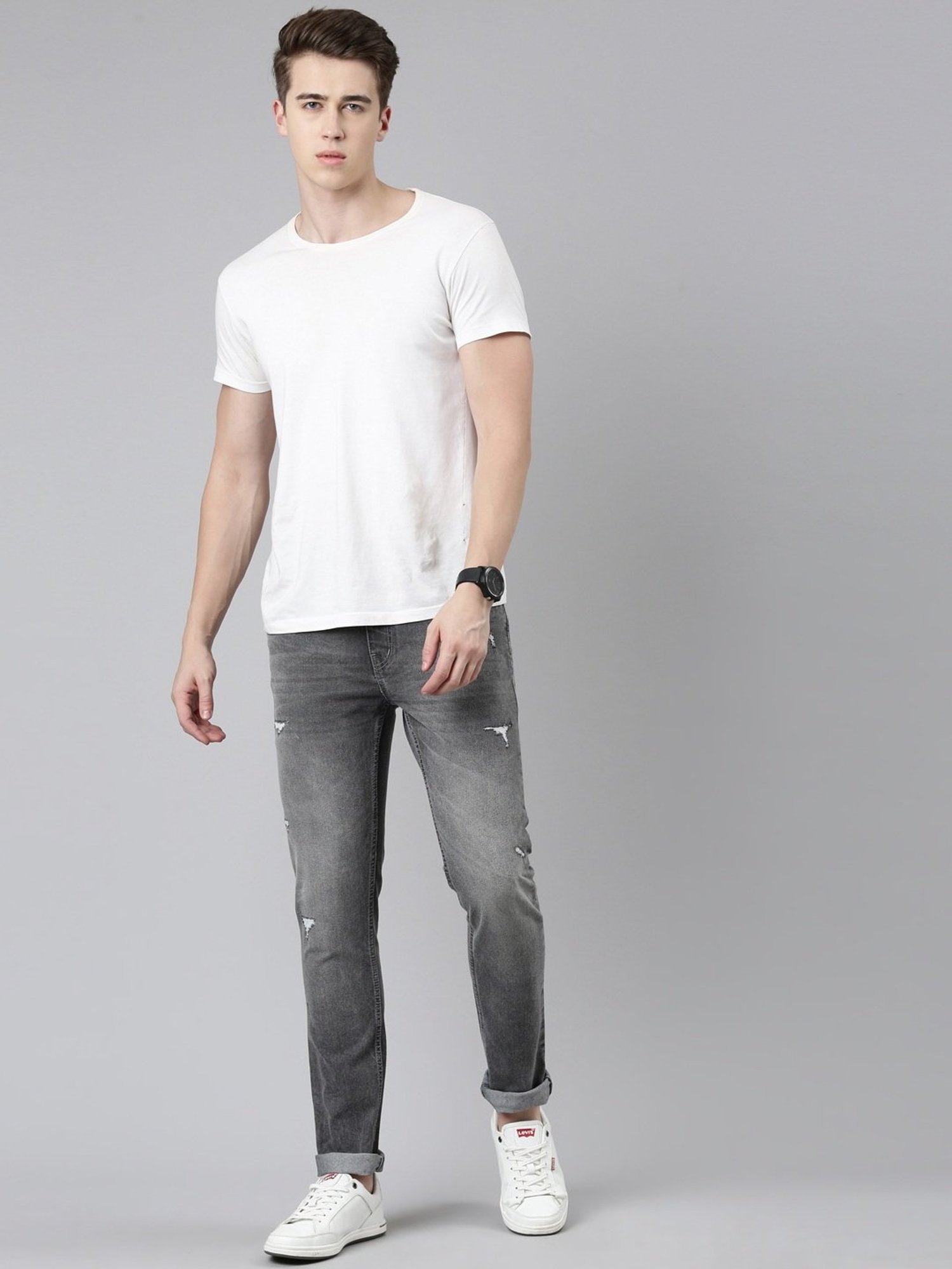 CINOCCI Grey Cotton Slim Fit Distressed Jeans