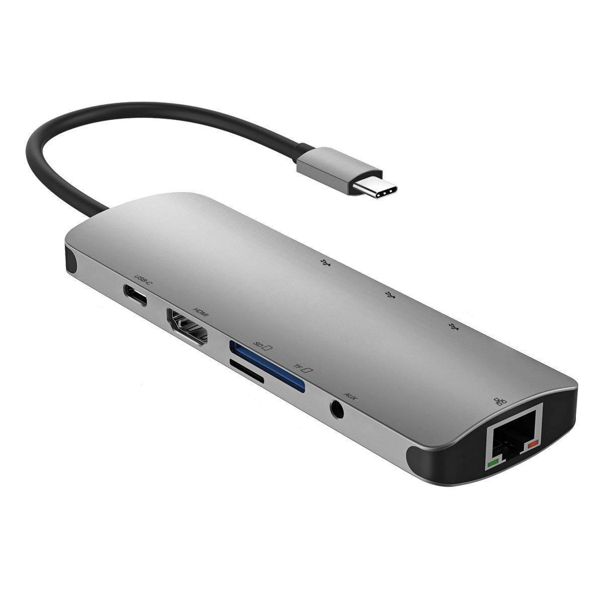 ESTONE USB C Hub 9 in 1 Aluminum Multiport Adapter With USB-C Charging, Port of Mic/Audio,3 USB 3.0 ports, HDMI, TF, MICro SD for Macbook Pro, Surface Pro,Notebook PC, USB Flash Drives and More