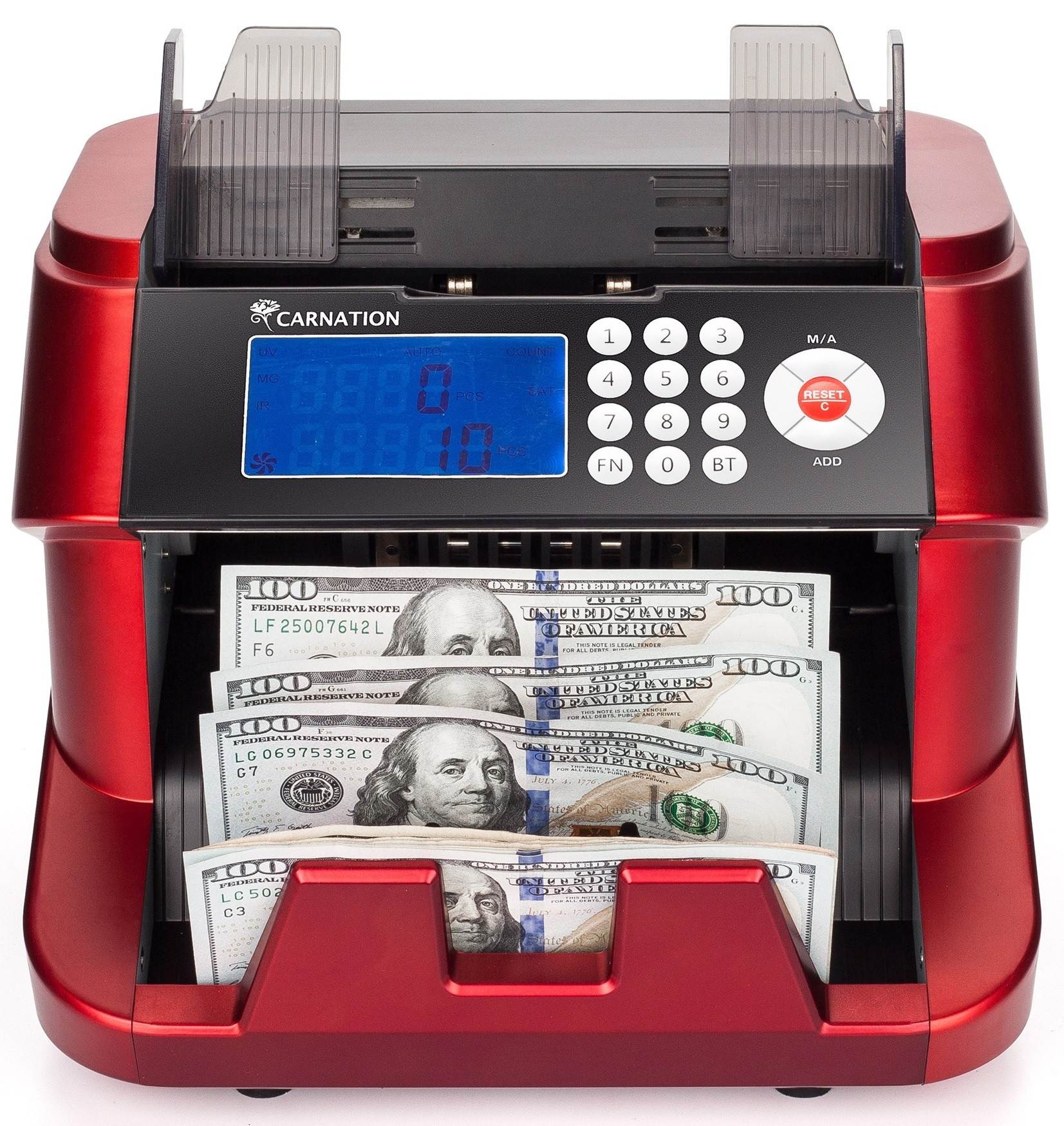 Carnation Bank Grade Bill Cash Counter by Carnation &ndash; Fast, User-Friendly Money Counting Machine &ndash; 4 Counterfeit Detection Functions (UV, MG, IR, DD) &ndash; Works Worldwide: Up to 7 Different Currencies