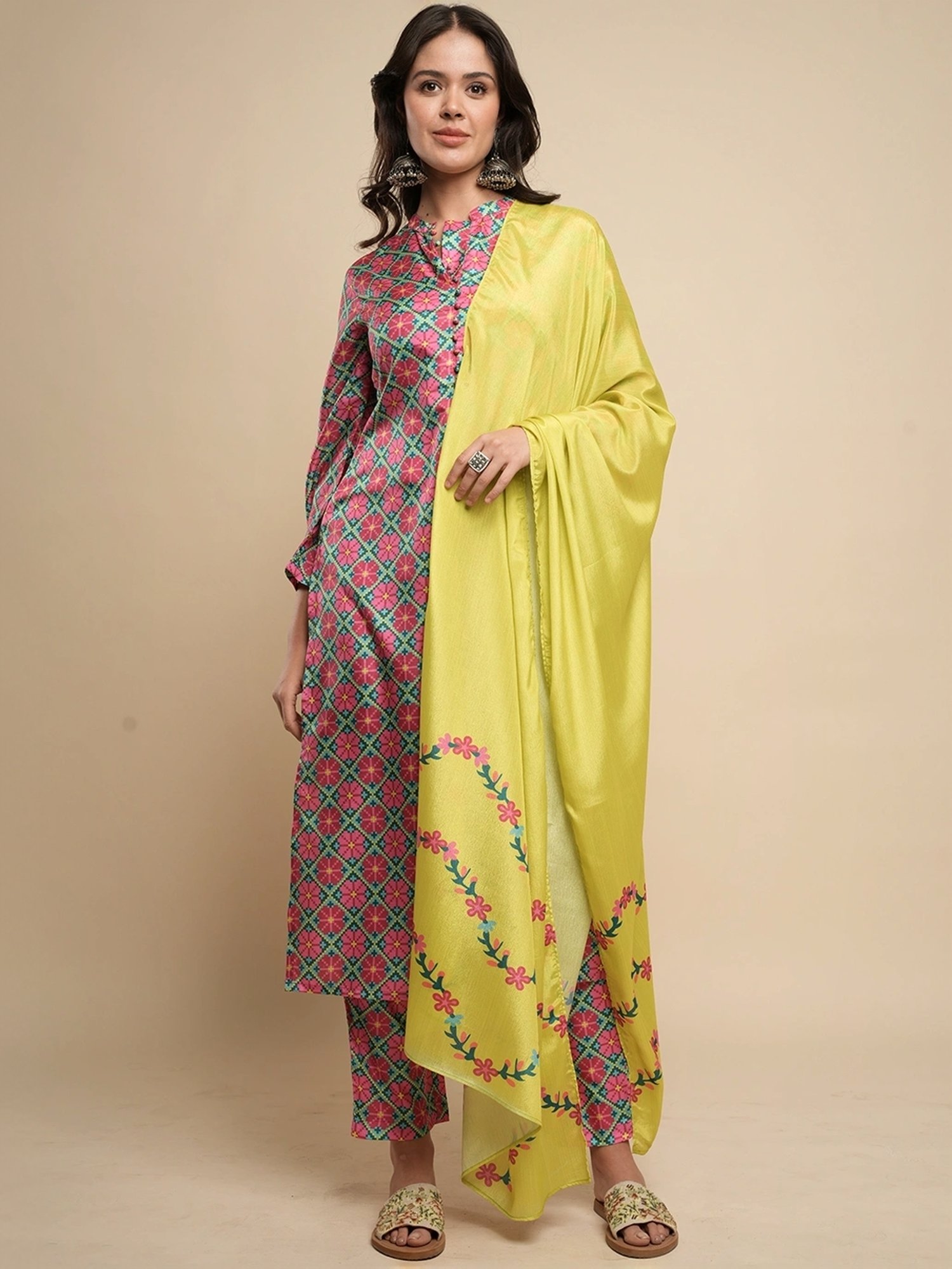Heeposh Pink Printed Kurta Pant Set With Dupatta