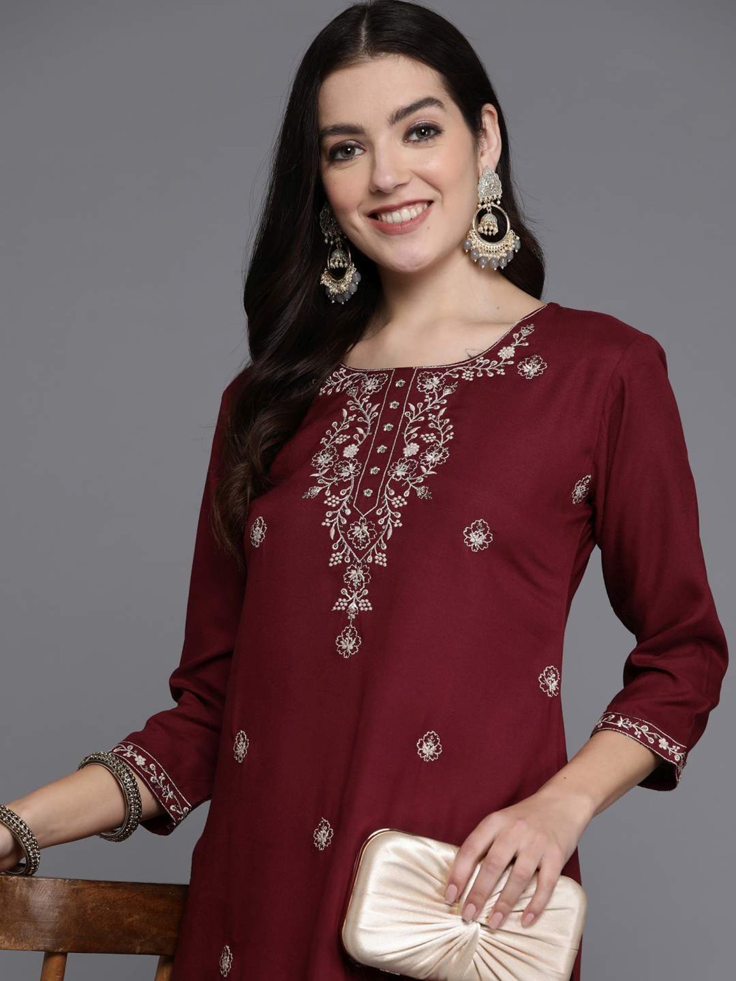 Indo Era Maroon Embroidered Straight Kurta