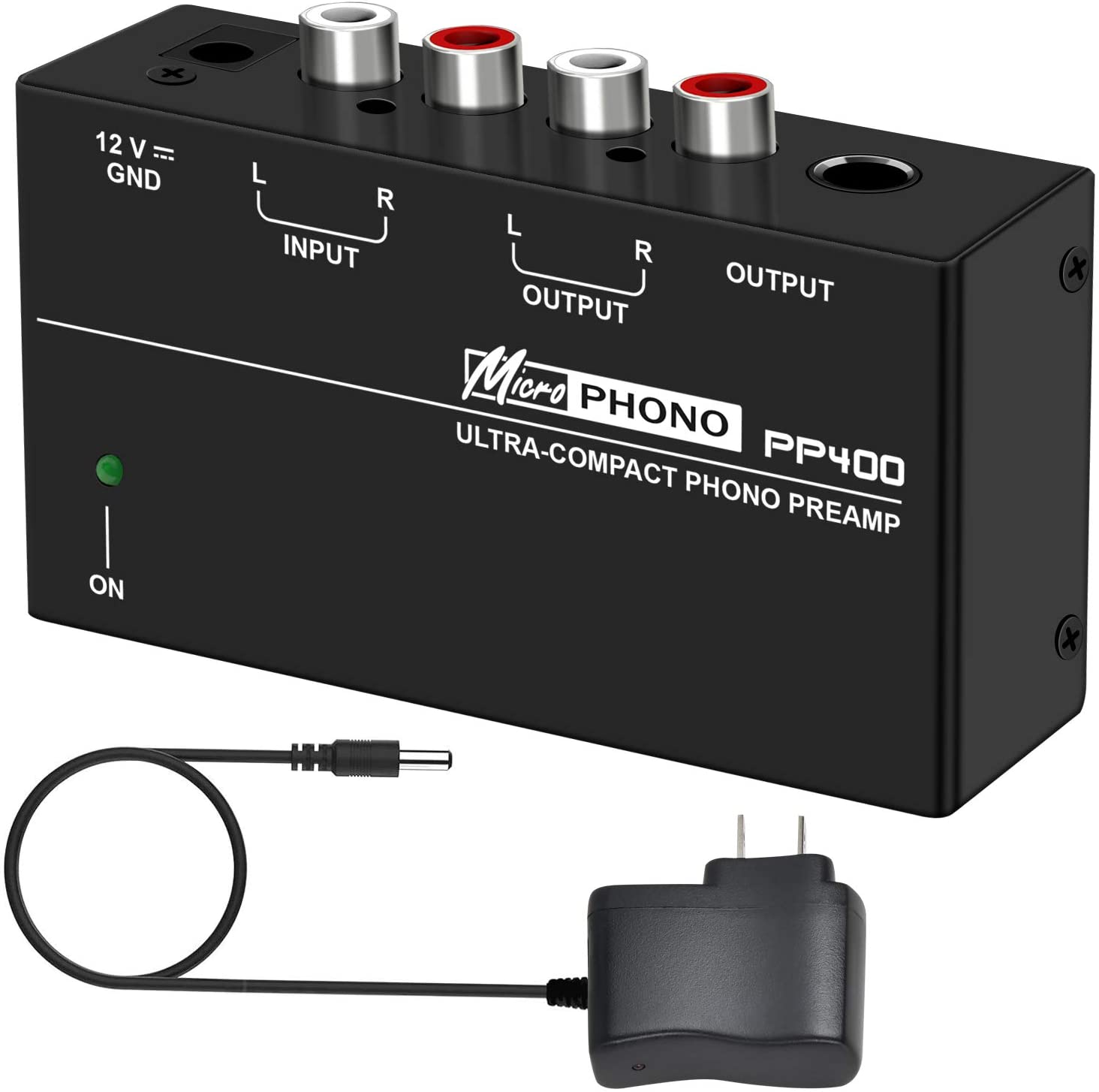 Phono Turntable Preamp - Mini Electronic Audio Stereo Phonograph Preamplifier with RCA Input, RCA/TRS Output,Low Noise Operation,with 12 Volt DC Adapter (PP400)