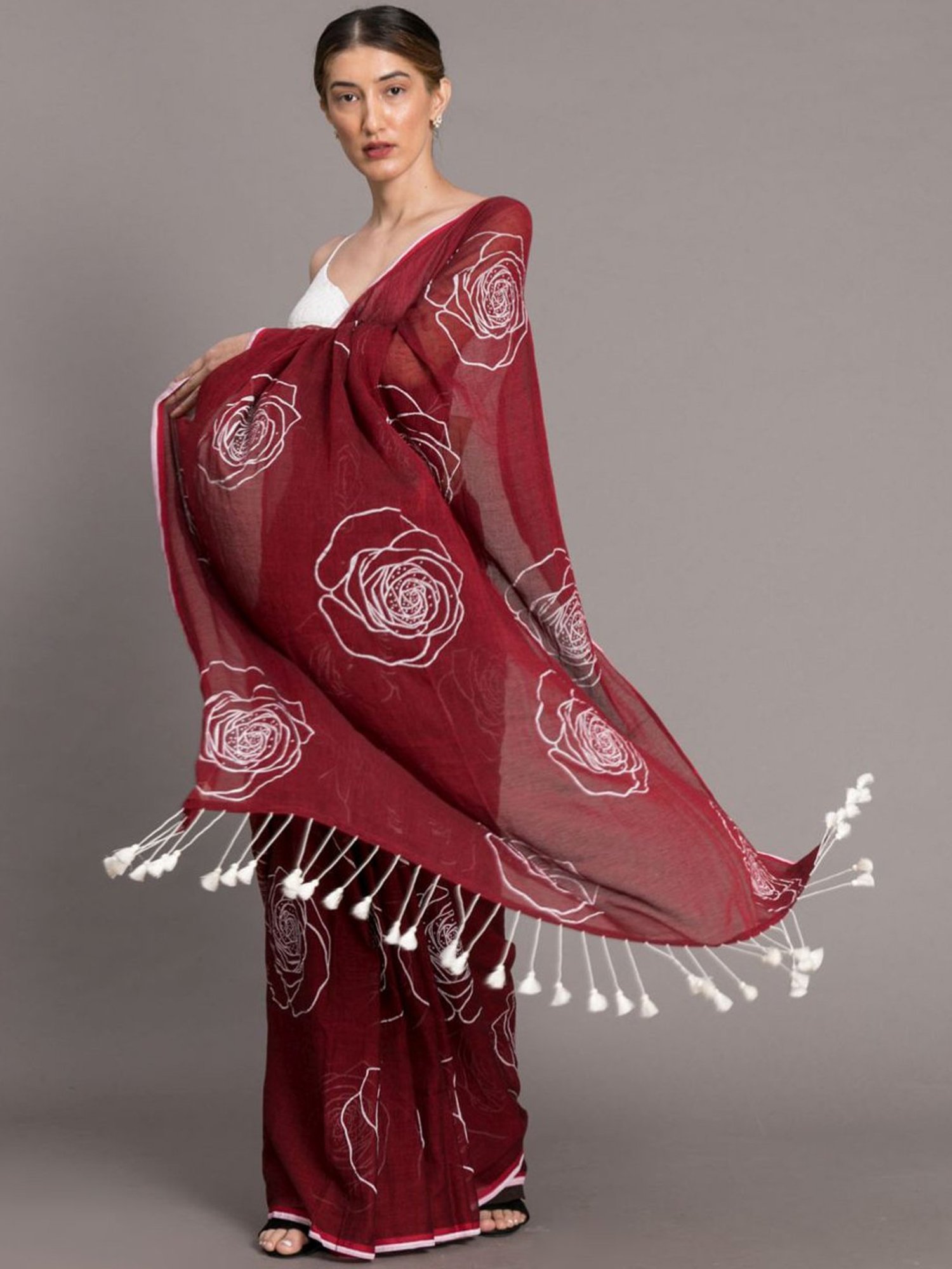 Suta Maroon Cotton Printed Saree Without Blouse