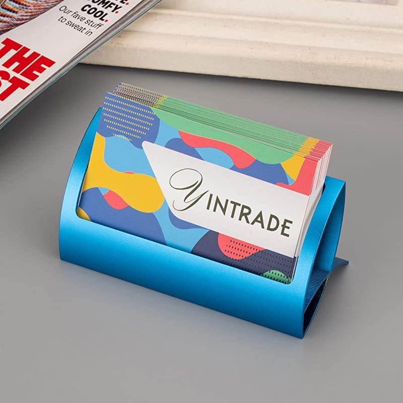 Card Holder for Desk Metal Aluminum Desktop Name Card Case Display Organizer Stand Office Tradeshows Card Desk Holder 2 Pack Blue