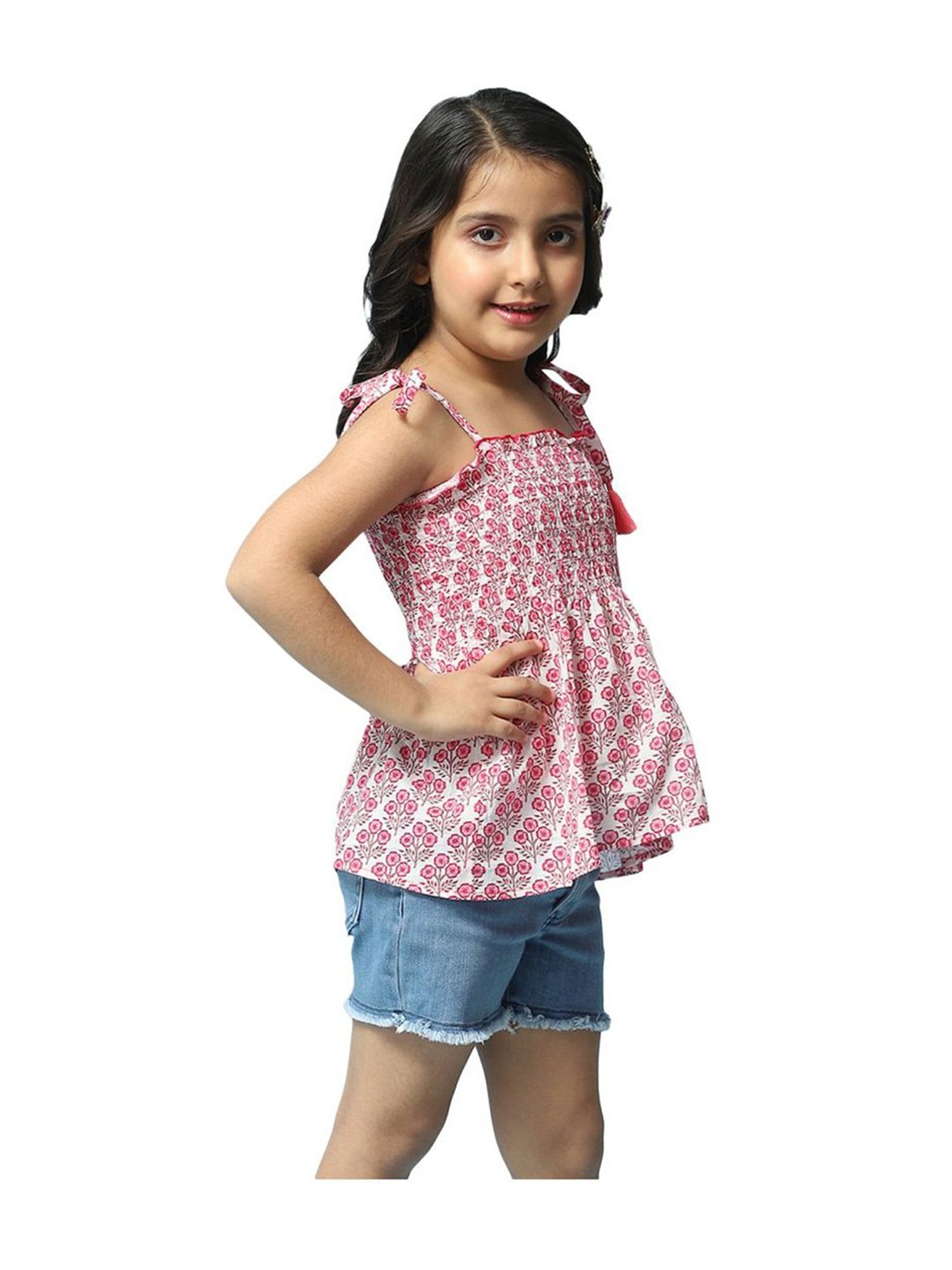 BIBA Girls Pink & White Cotton Printed Top