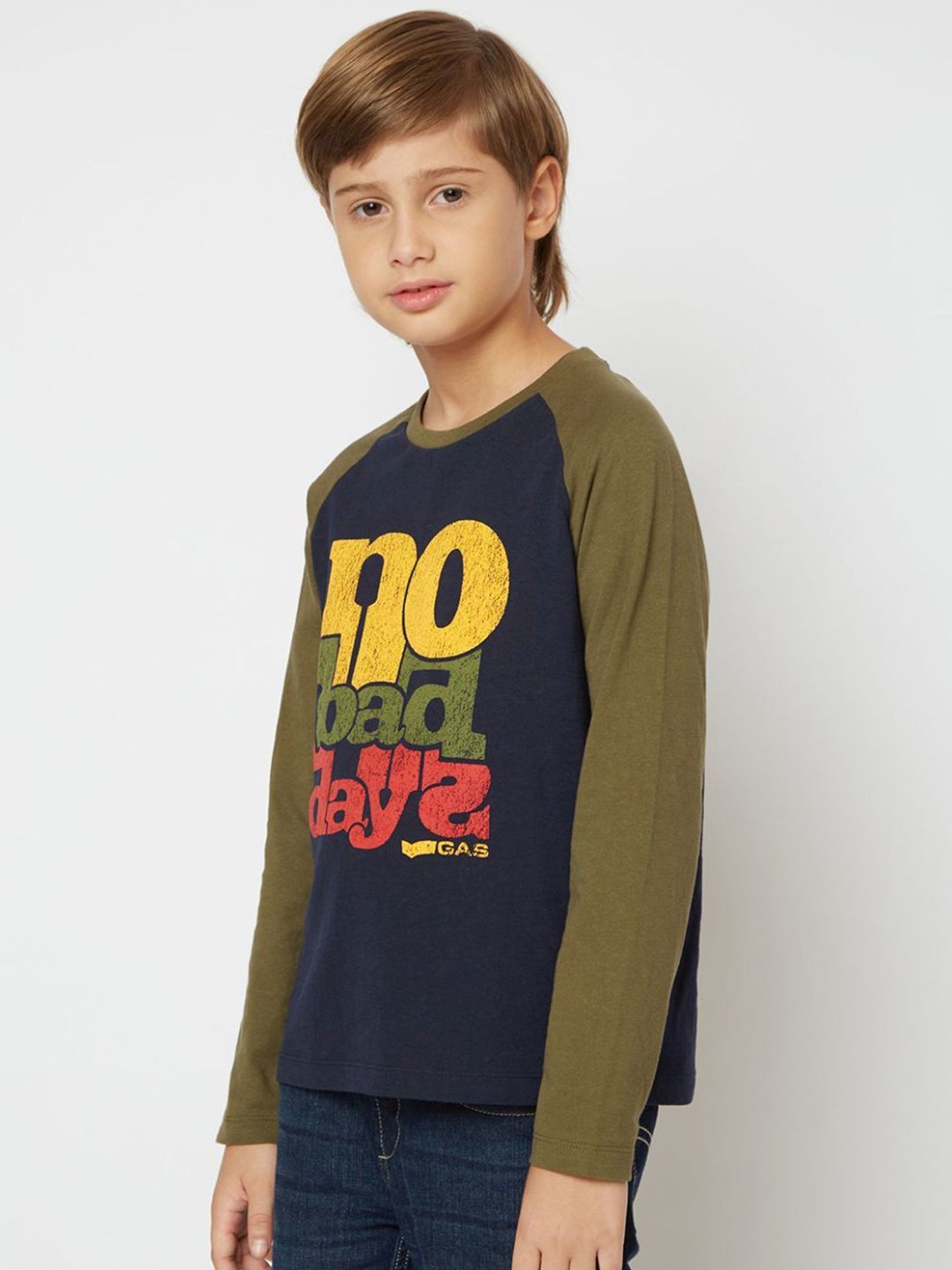 GAS Kids Navy & Olive Green Cotton Printed Full Sleeves T-Shirt