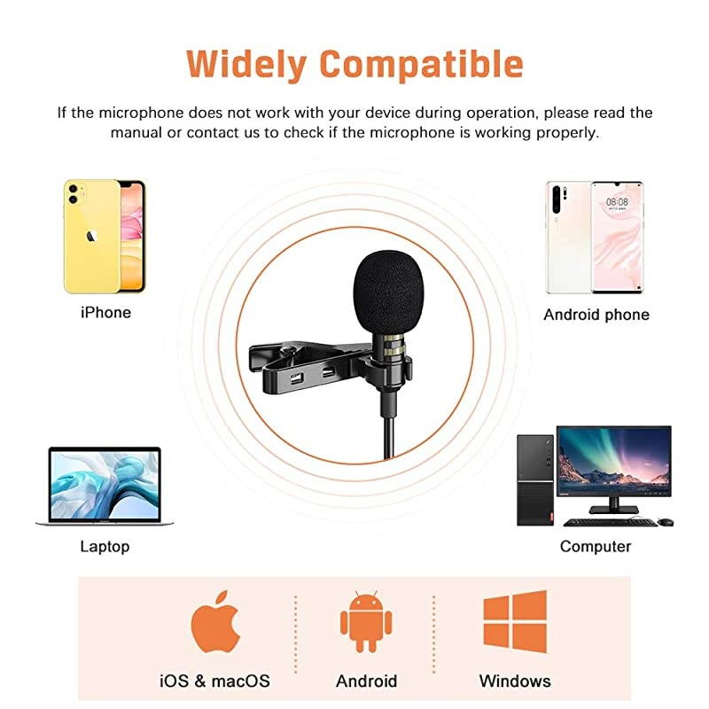 16 Feet Single Head Lavalier Lapel Microphone Omnidirectional Condenser Mic for iPhone Android Windows Smartphones YouTube Interview Studio Video Recording Noise Cancelling Mic