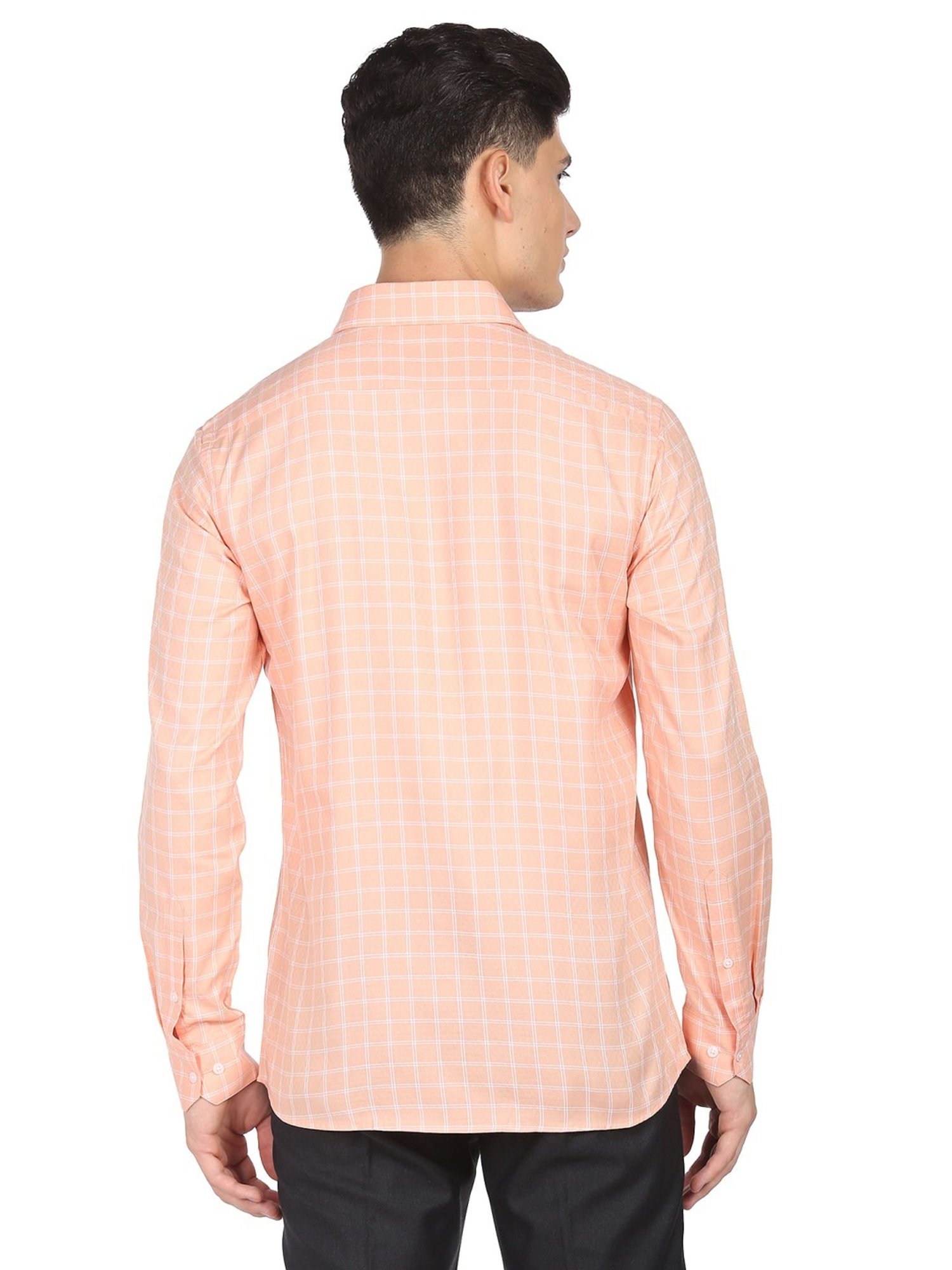 Arrow Orange Cotton Slim Fit Checks Shirt