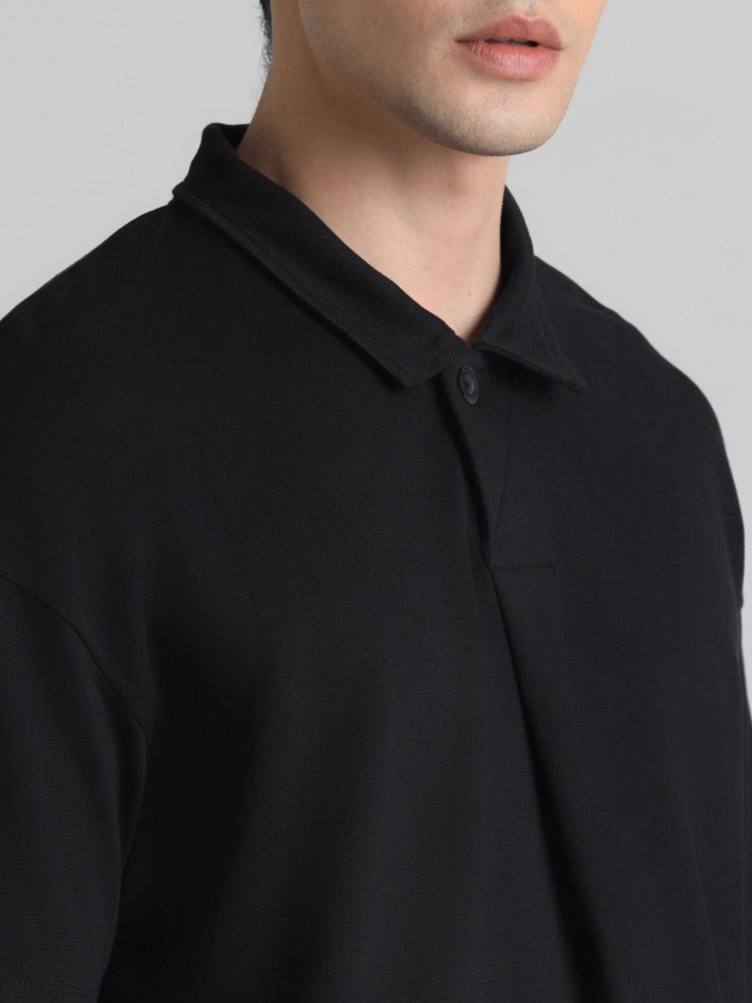 Jack & Jones Jet Black Cotton Boxy Fit Polo T-Shirt