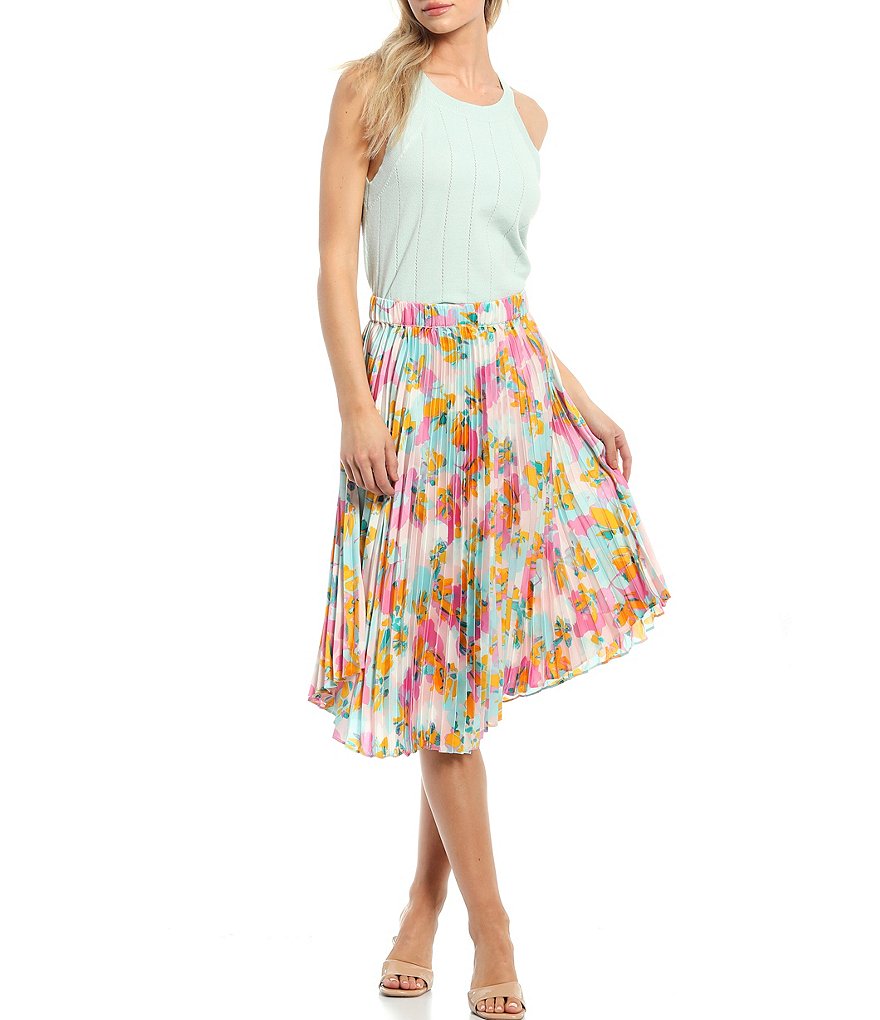 Skies Are Blue Floral Print A-Line Pleated Skirt