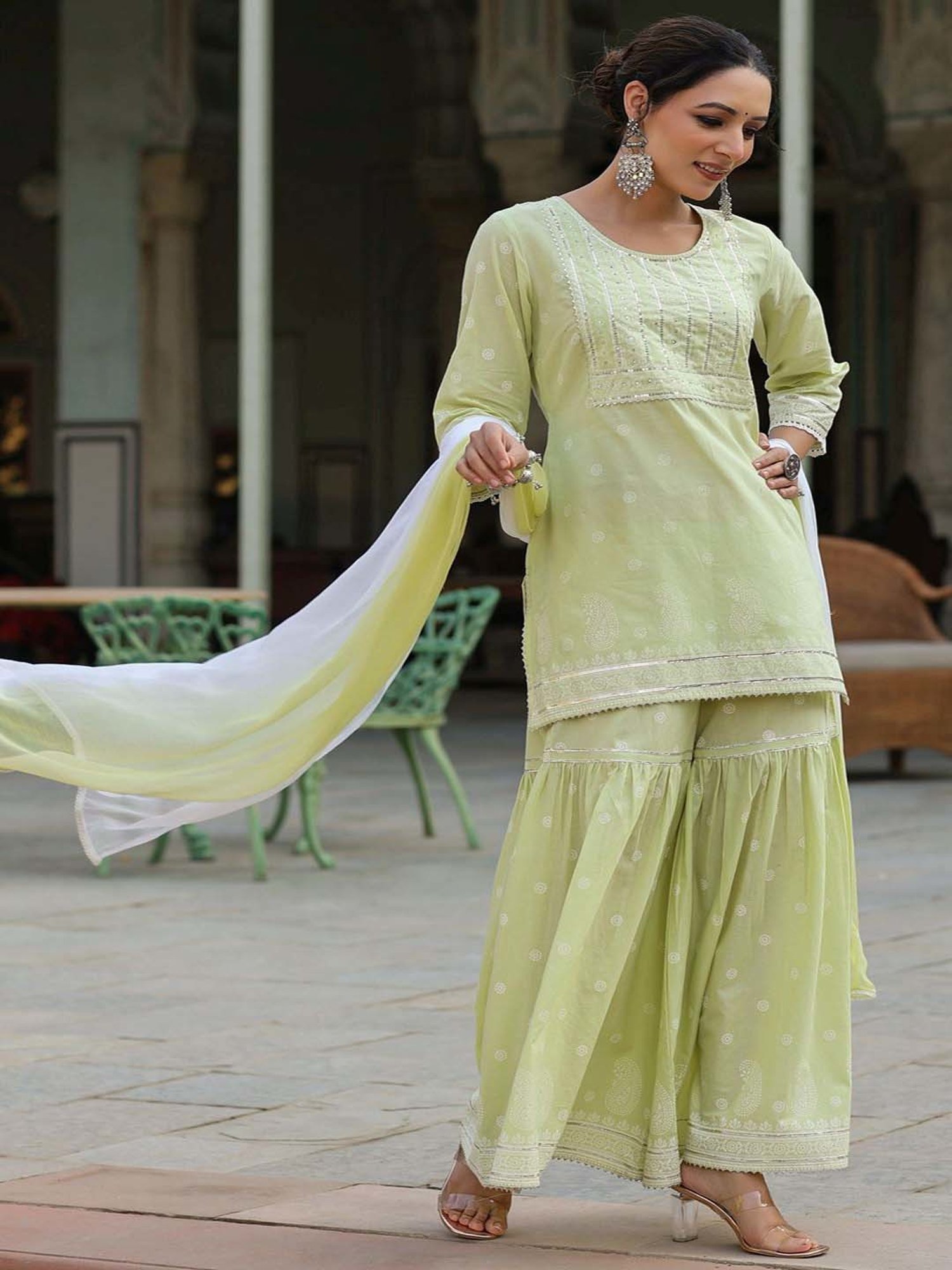 Juniper Lime Green Ethnic Motif Cotton Lacy Kurta Sharara & Dupatta Set With Beads & Sequins Work