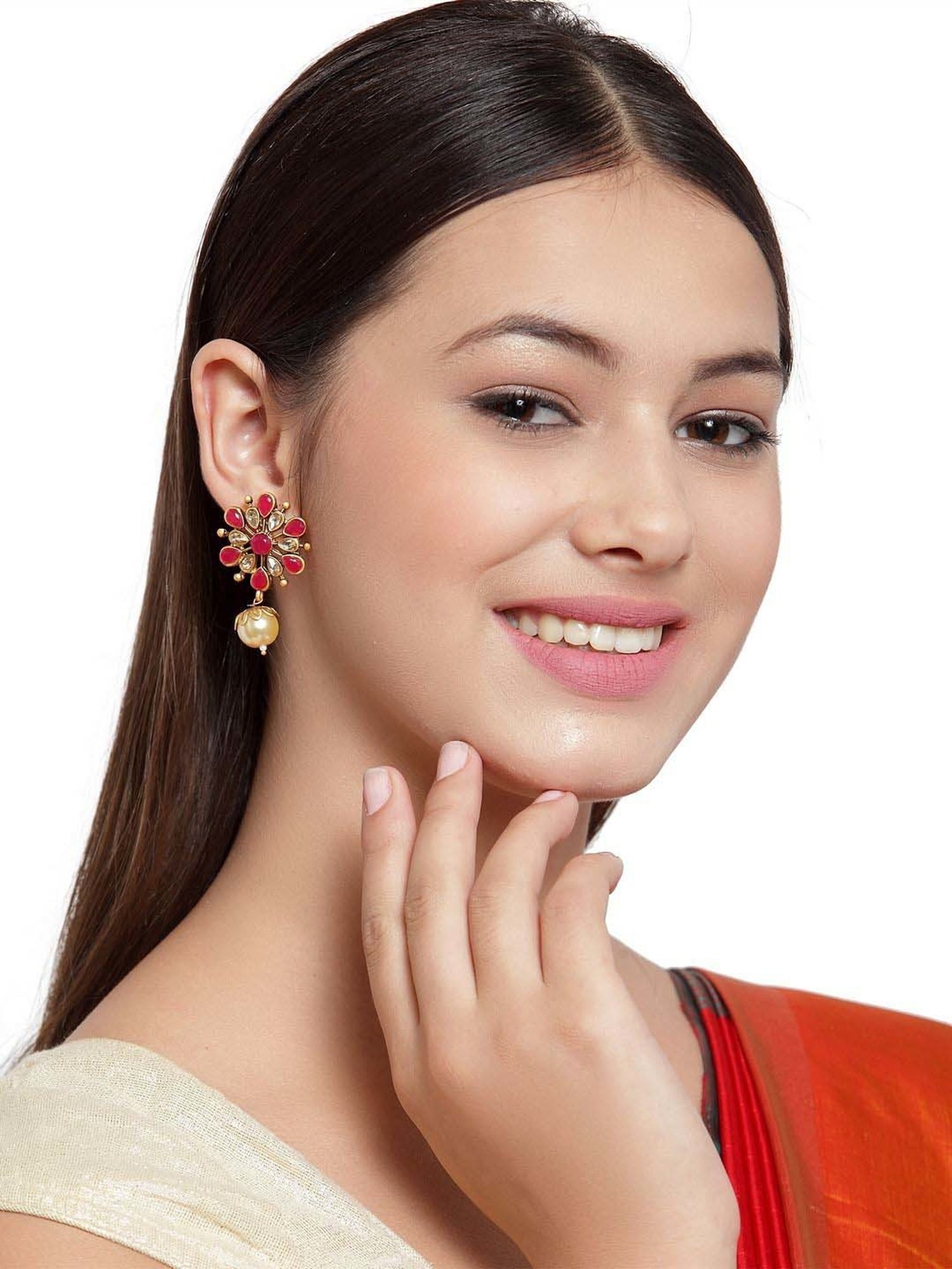 Panash Gold-Plated & Handcrafted Kundan Floral Shaped Drop Earrings
