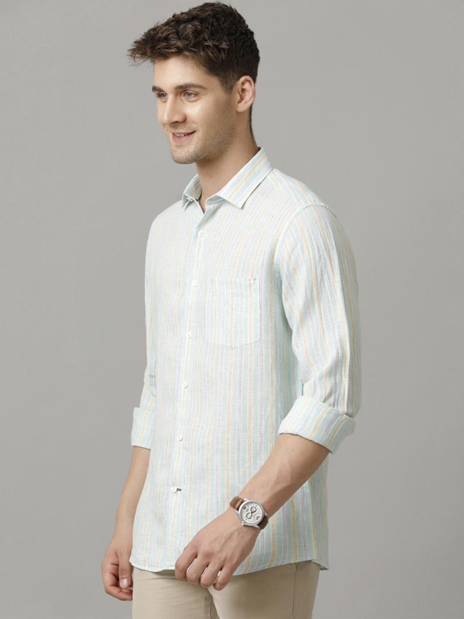 Linen Club Green Linen Contemporary Fit Striped Shirt