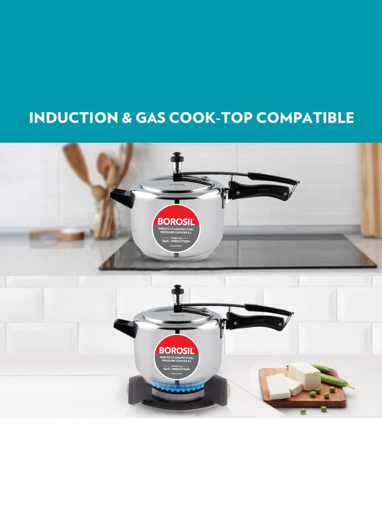 Borosil Presto Pressure Cooker with Induction Base Stainless Steel Inner Lid (Silver,5L)