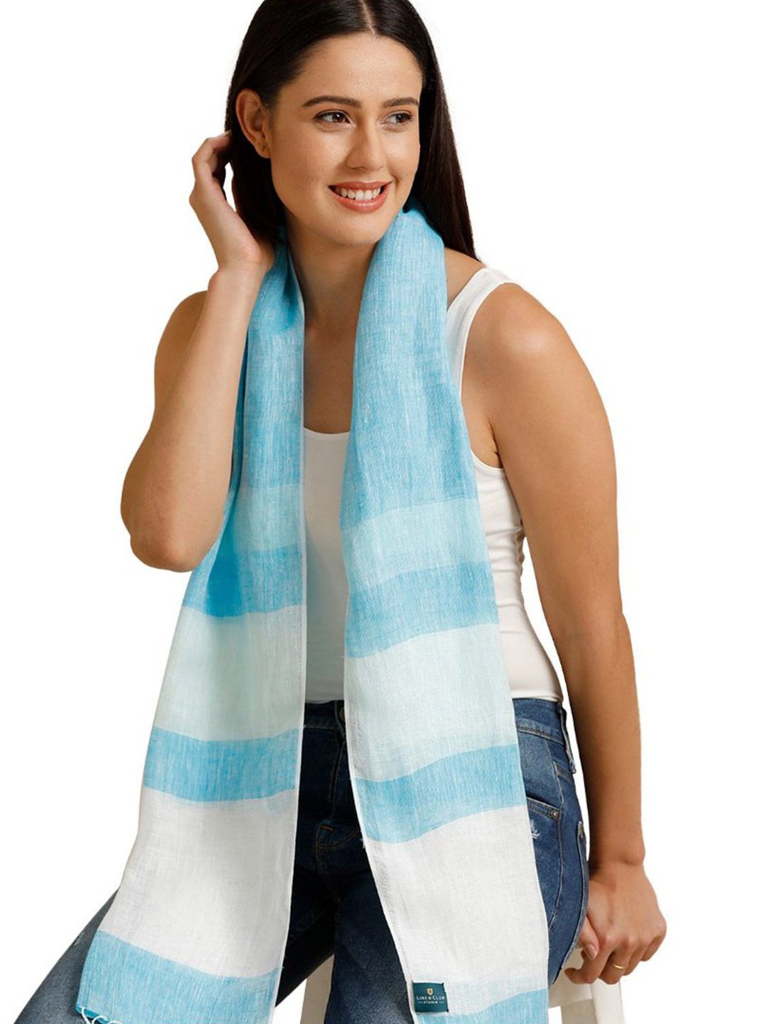 Linen Club Turquoise Blue Striped Pure Linen Stole