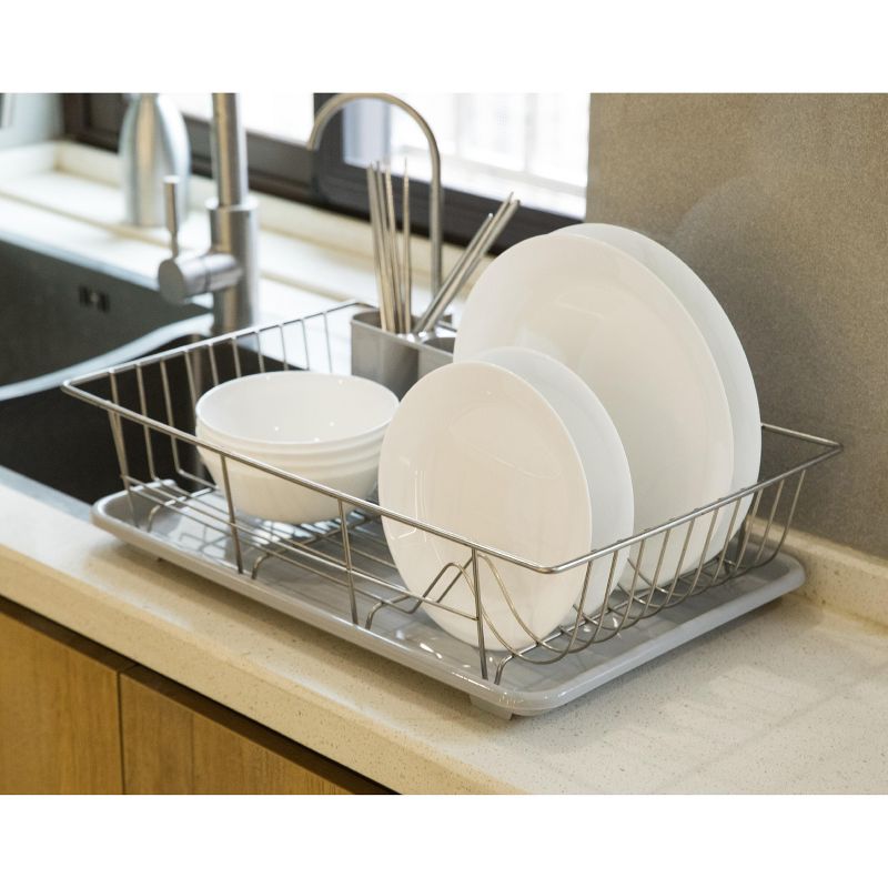 Basicwise Stainless Steel Dish Rack with Plastic Drain Board and Utensil Cup
