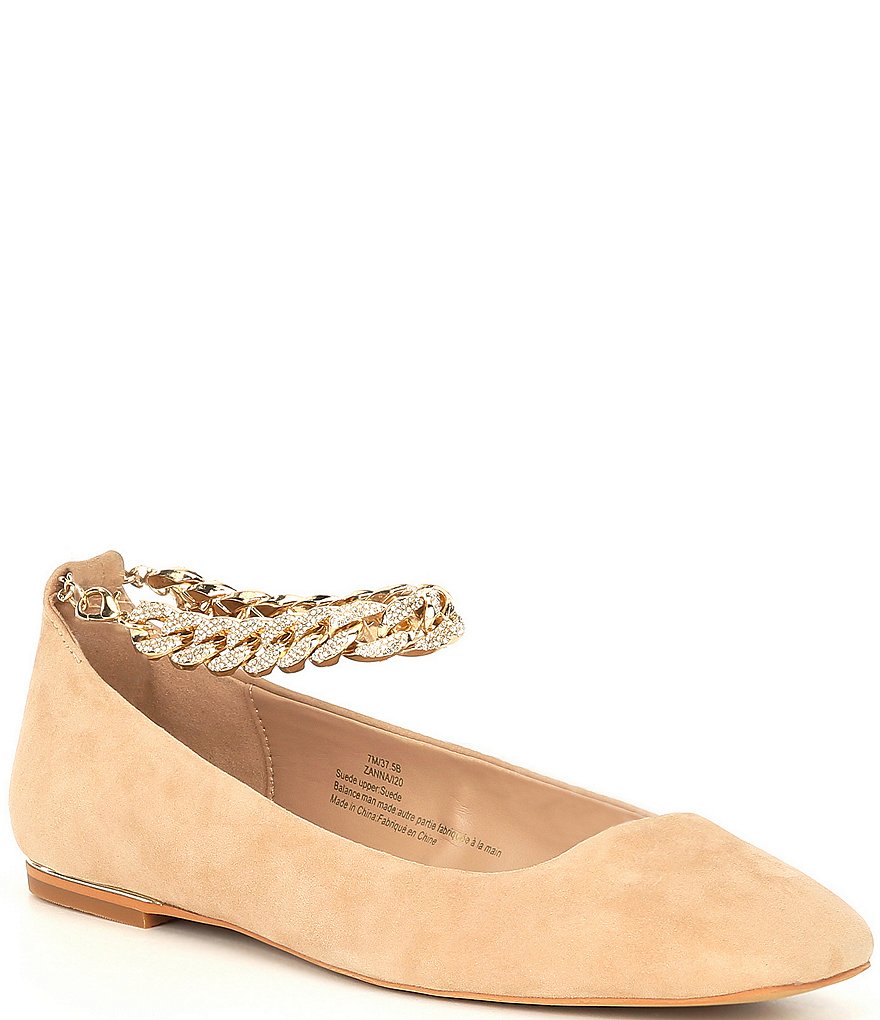 KARL LAGERFELD PARIS Zanna Suede Rhinestone Embellished Ankle Strap Flats