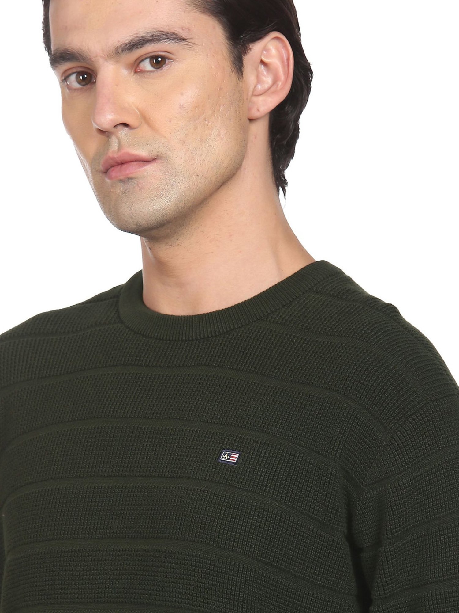 Arrow Sport Olive Cotton Regular Fit Striped Sweater