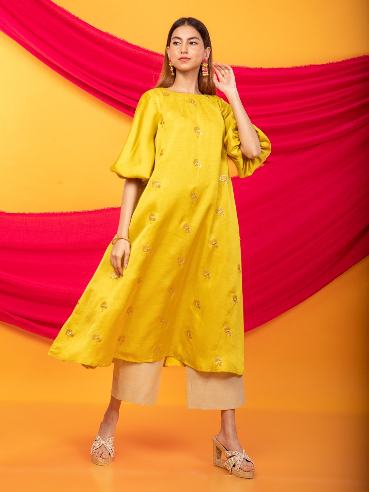 Monk & Mei Nusrat Assymetrical Kurta and Pant Co-ord Set-Canary Yellow