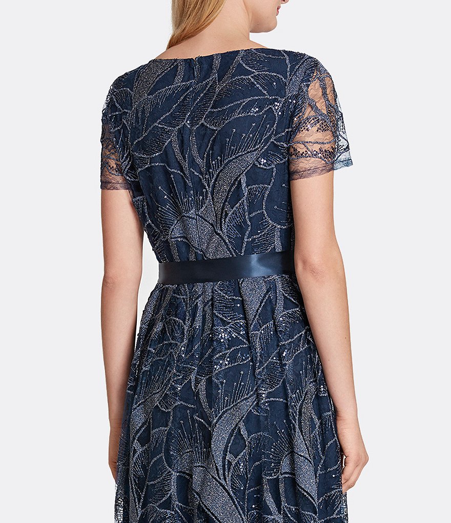 Tahari ASL Embroidered Jewel Neck Lace Knit Gown