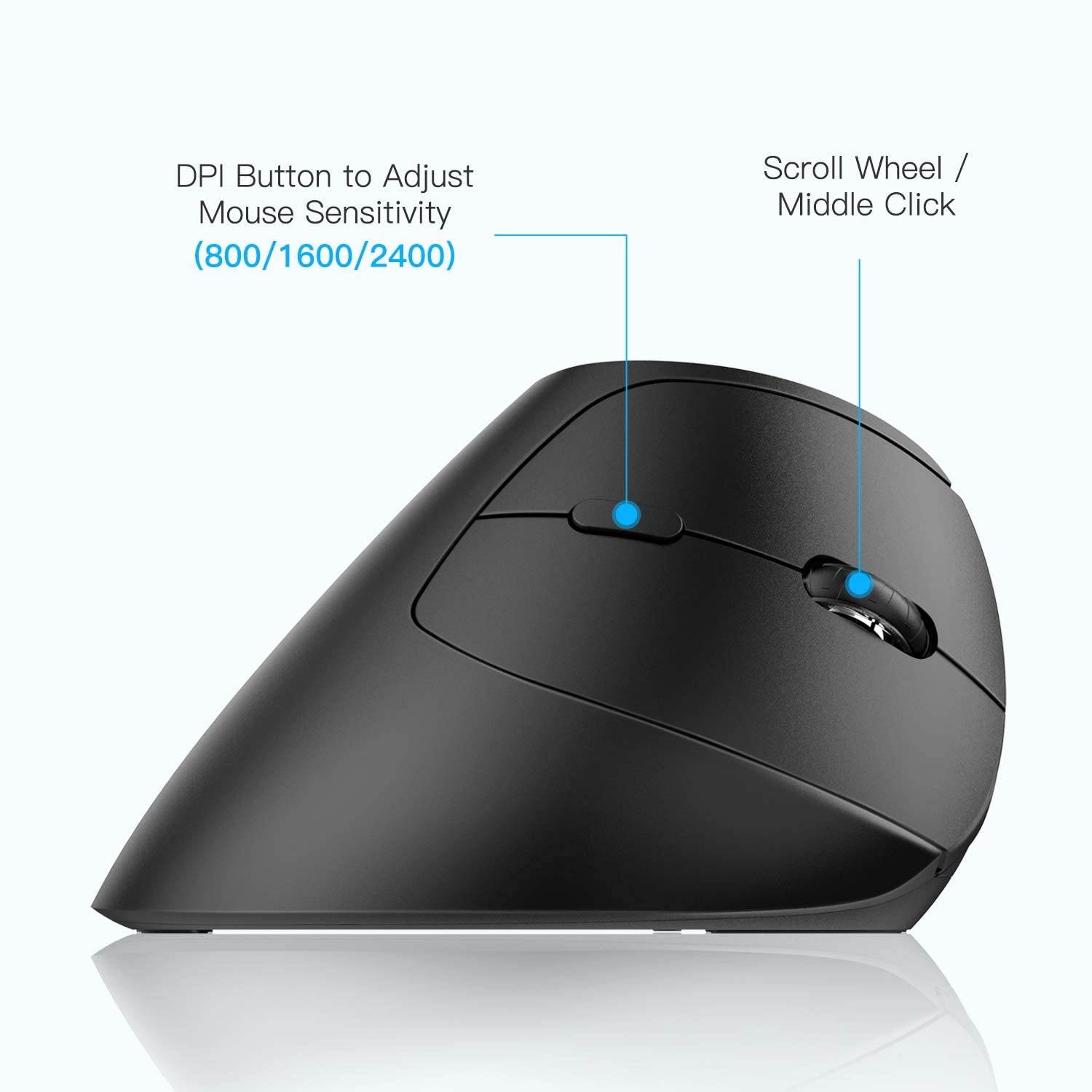 OMOTON Ergonomic Mouse 2.4G Wireless Bluetooth Vertical Mouse with Adjustable DPI 800/ 1600/ 2400 and 6 Buttons for Laptop Desktop PC MacBook and More Black
