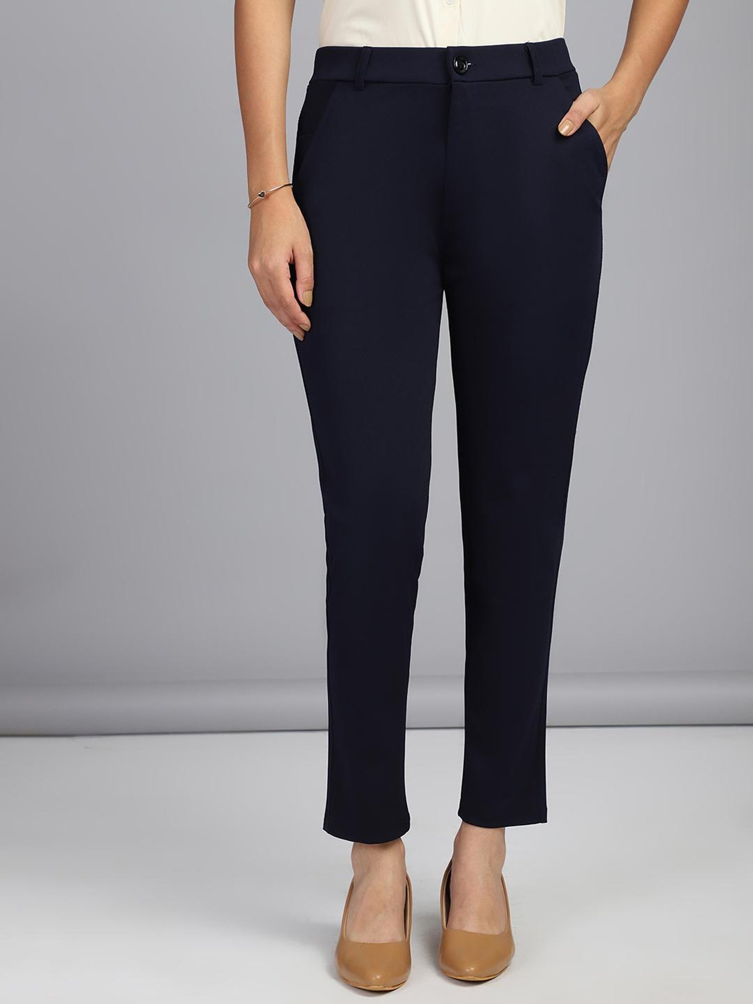 FITHUB Navy Skinny Fit High Rise Formal Trousers