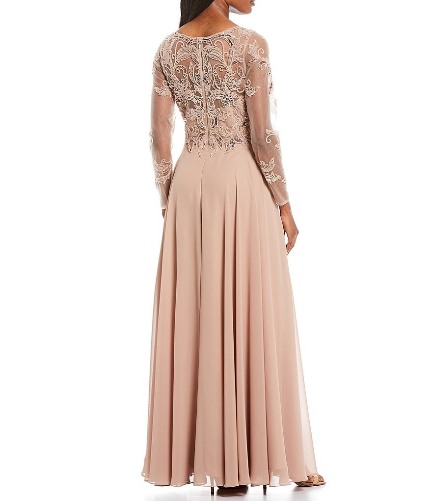 Xscape Jewel Neck Long Sleeve Beaded Bodice Chiffon Gown