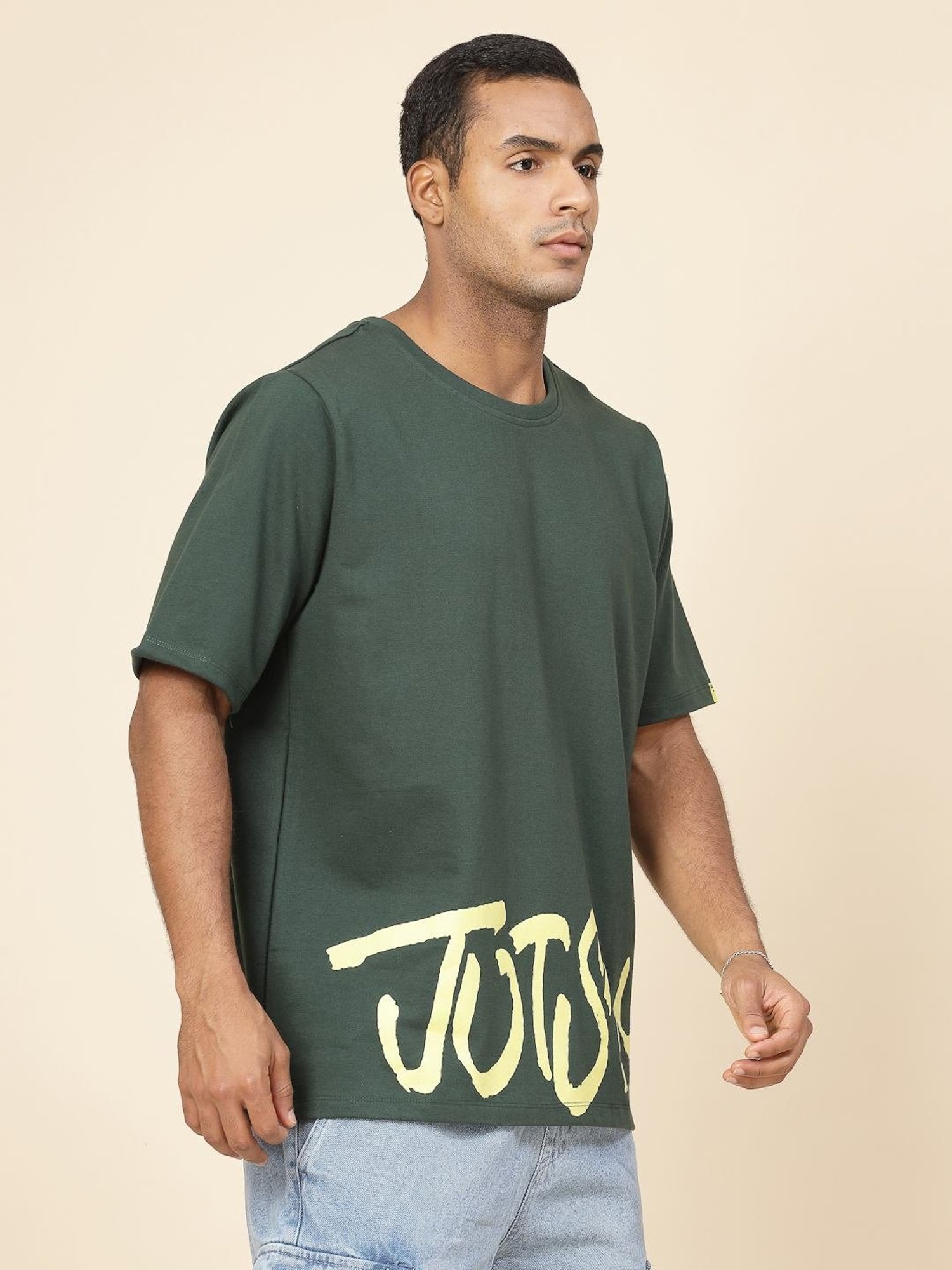 Rigo Bottle Green Cotton Loose Fit Typography T-Shirt