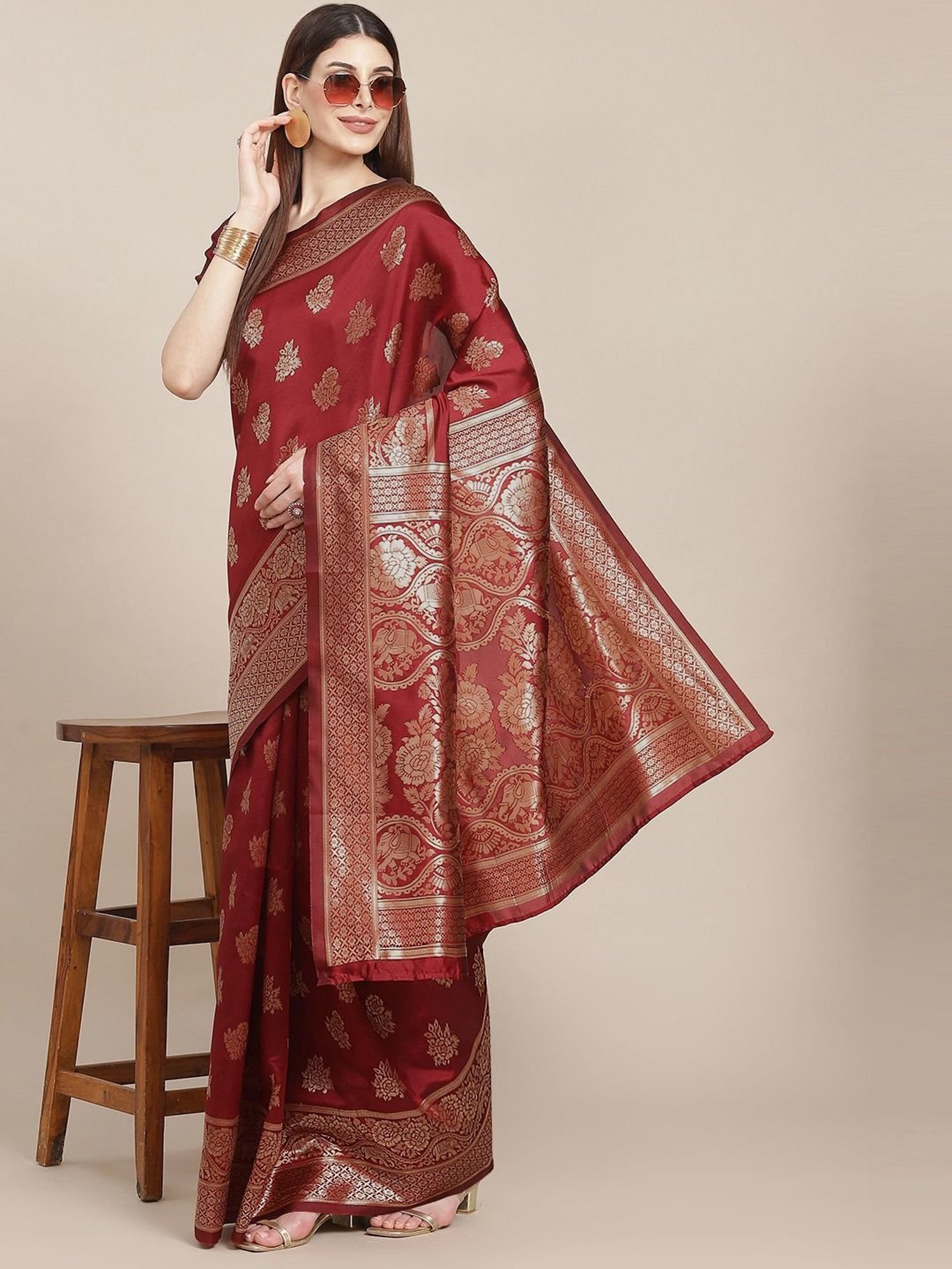 KSUT Maroon Silk Woven Saree With Unstitched Blouse