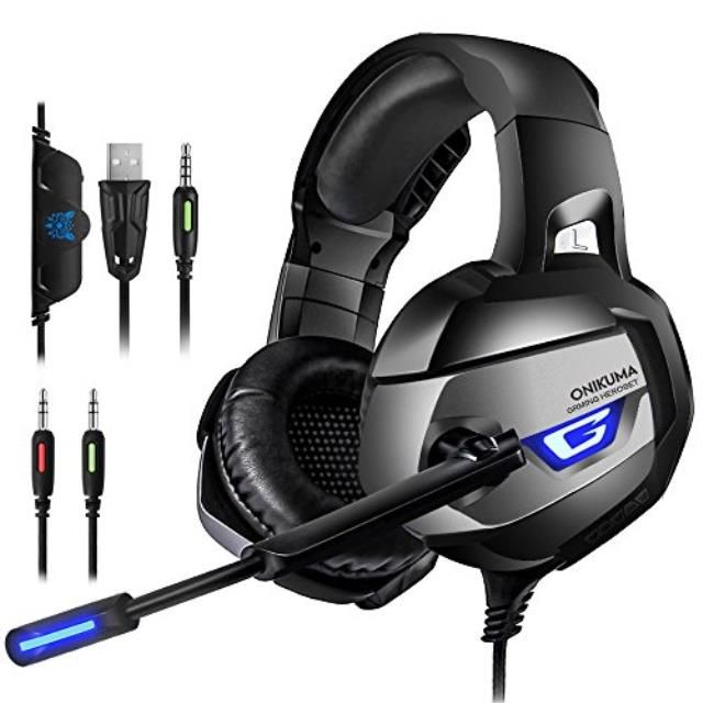 onikuma gaming headset  headset gaming headphone for ps4, xbox one adapter need, nintendo switch audio pc gaming headset with crystal clear sound, led lights & noisecanceling microphone k5n