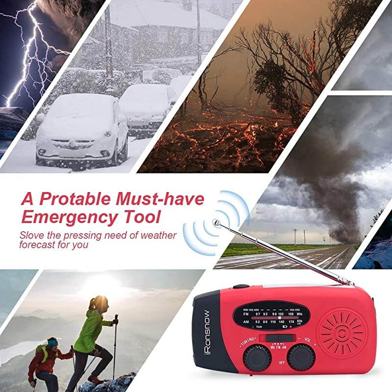 Upgraded Version  IS088+ 1000mAh Solar Hand Crank Radio AMFMNOAAWB Weather Emergency Radio Dynamo LED Flashlight Power Bank for iPhoneAndroid Smart Phone Red
