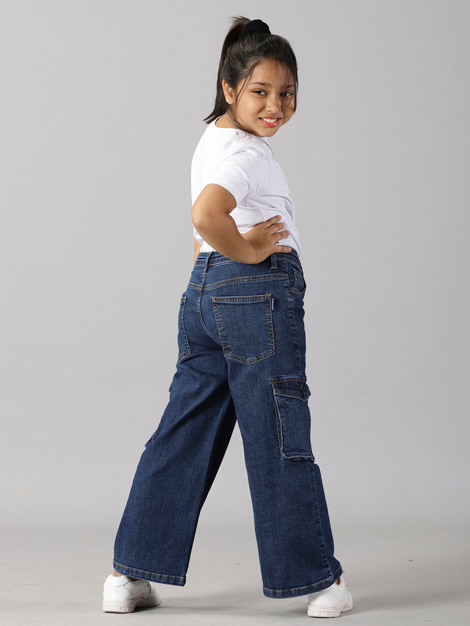 Kiddopanti Kids White & Blue Solid T-Shirt with Cargo Jeans