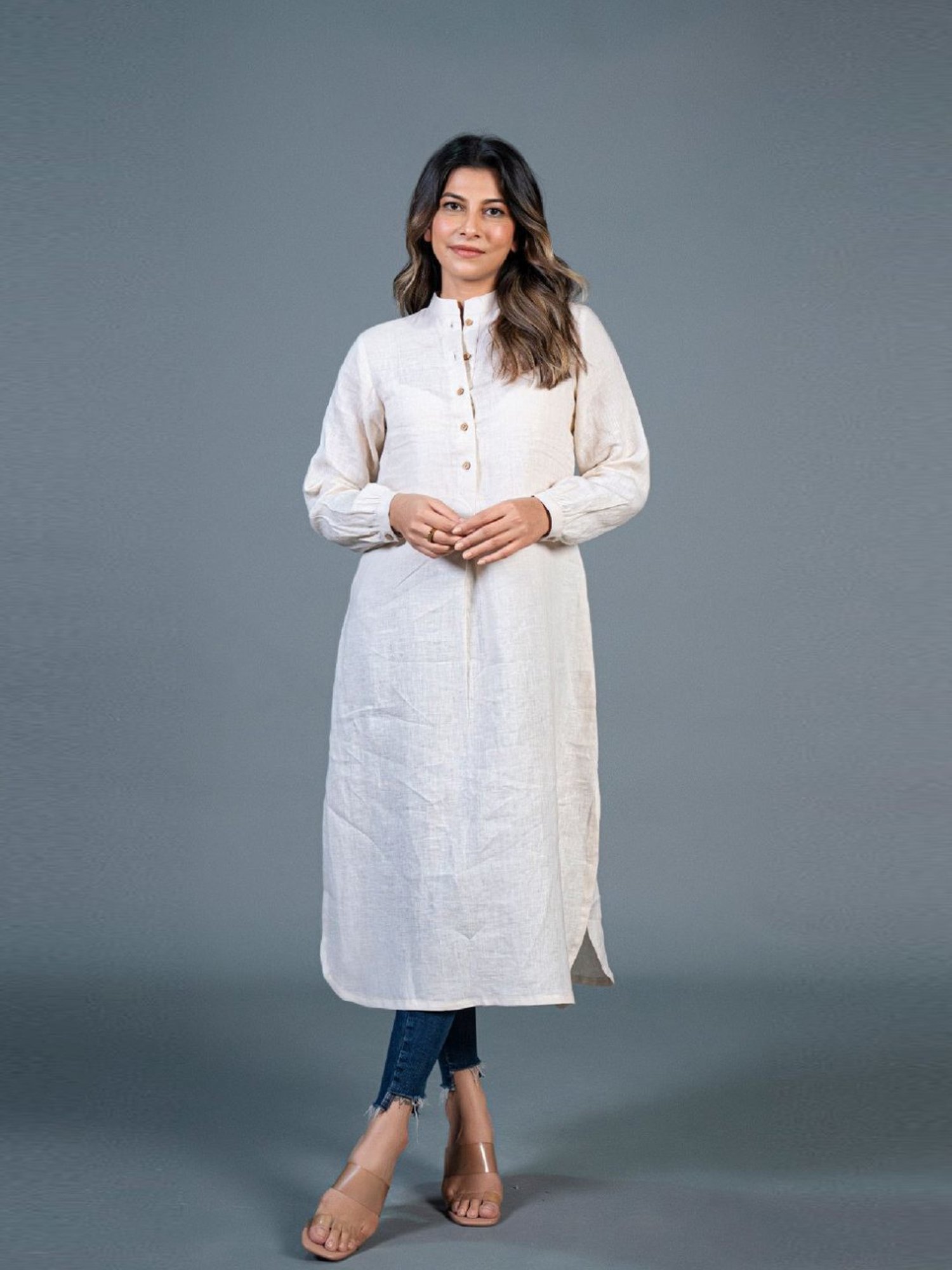 Eeshva India Beige Jabha Style Linen Kurta