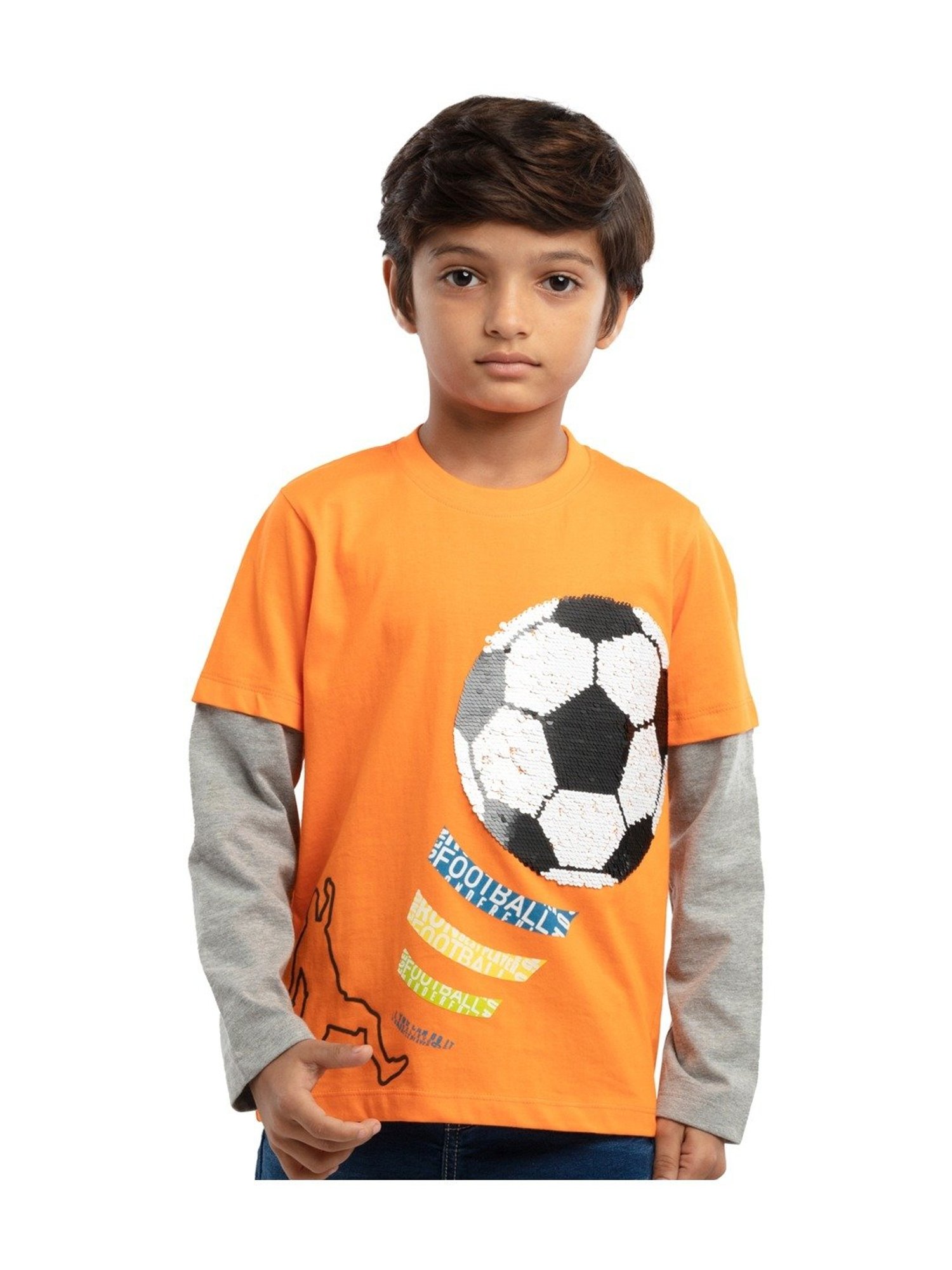 Under Fourteen Only Kids Orange & Grey Cotton Embellished Full Sleeves T-Shirt