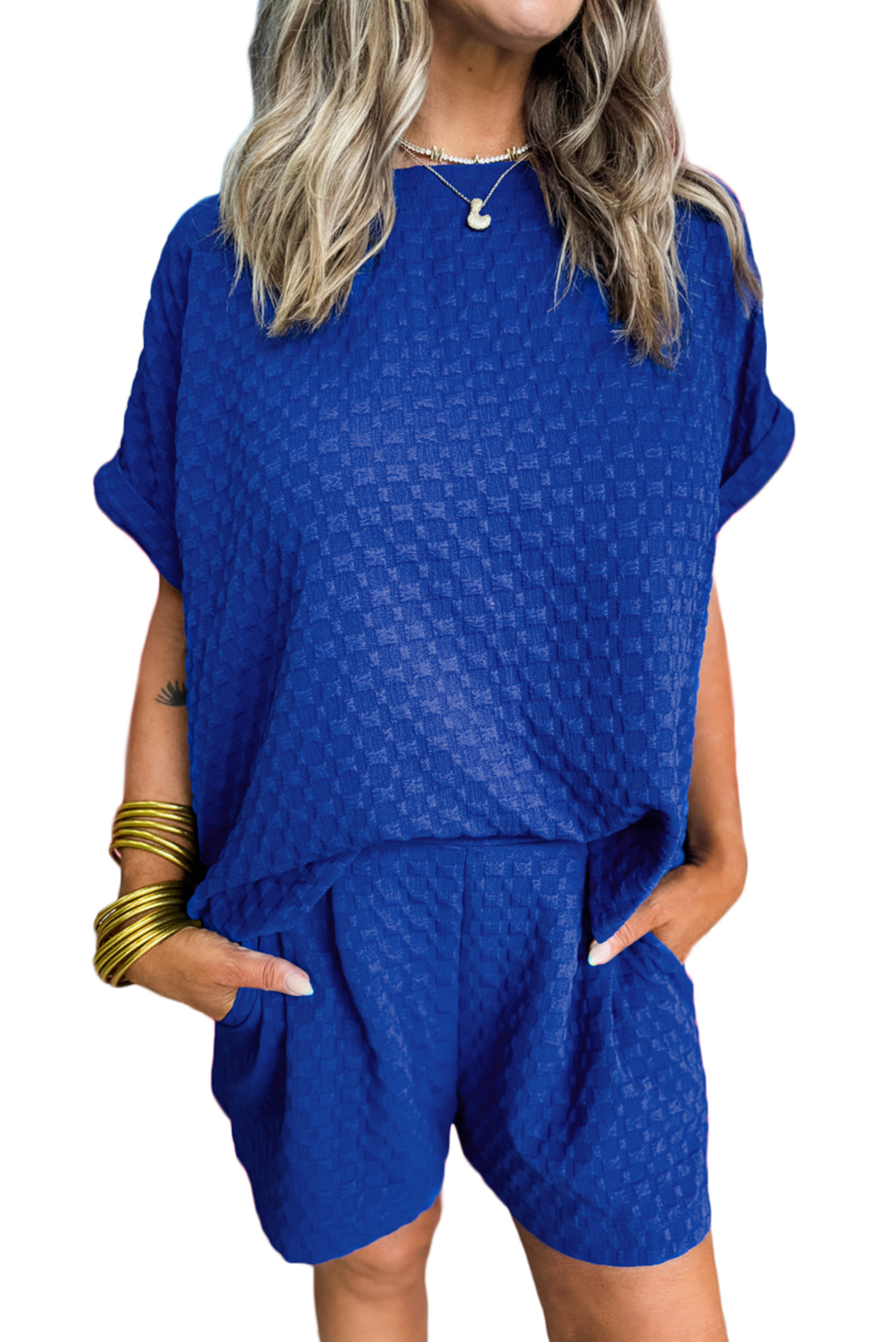 Skobeloff Textured Ruffle Split Top and Drawstring Shorts Set