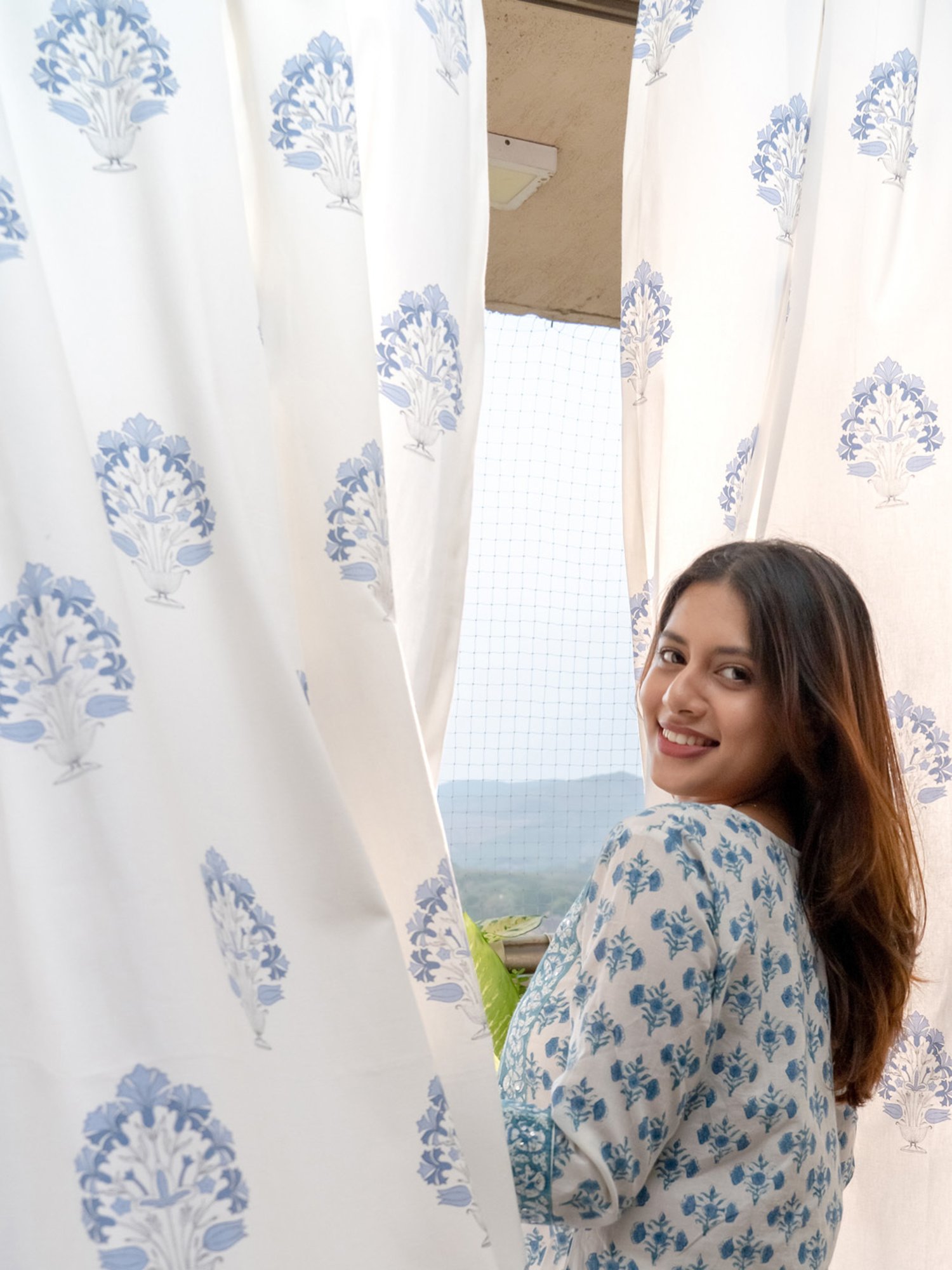 Haus & Kinder Printed Blue Cotton 7 FT Door Curtains - Set of 2