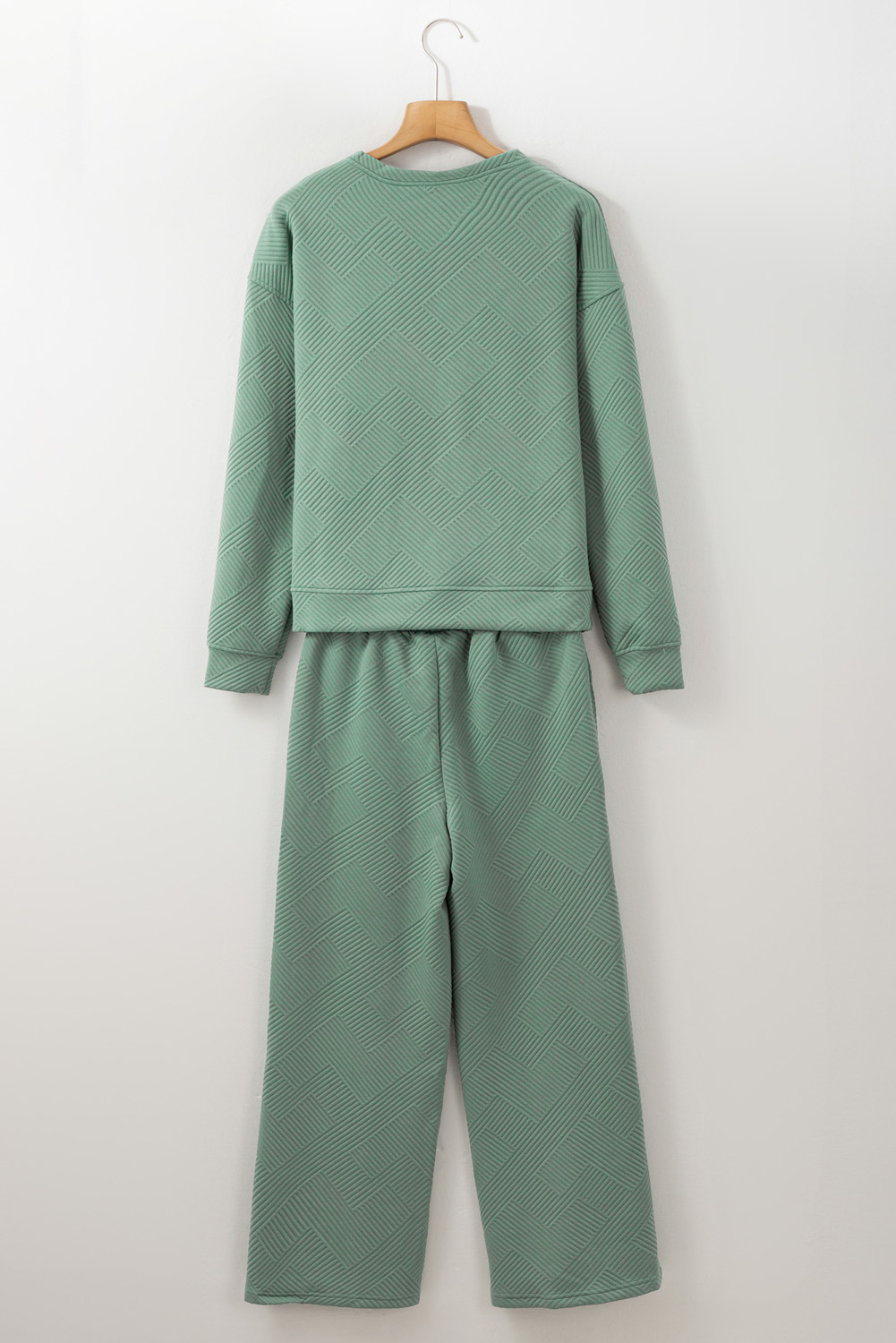 Green Solid Color Quilted Long Sleeve Top and Wide Leg Pants Set