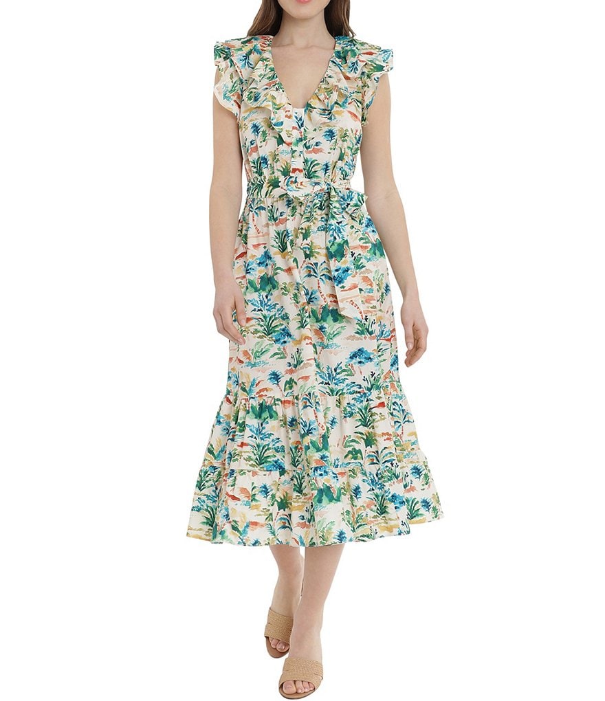Donna Morgan V-Neck Ruffle Neck Printed Dress