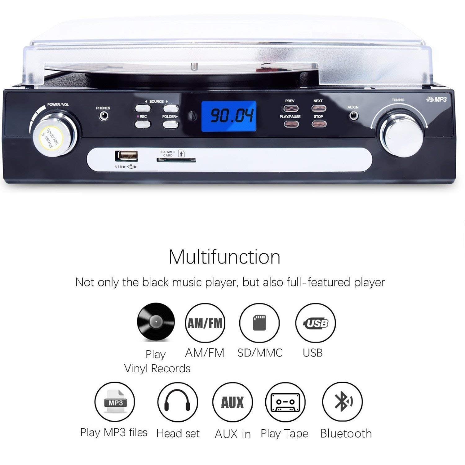 DIGITNOW Bluetooth Record Player with Stereo Speakers, Turntable for Vinyl to MP3 with Cassette Play, AM/FM Radio, Remote Control, USB/SD Encoding, 3.5mm Music Output Jack