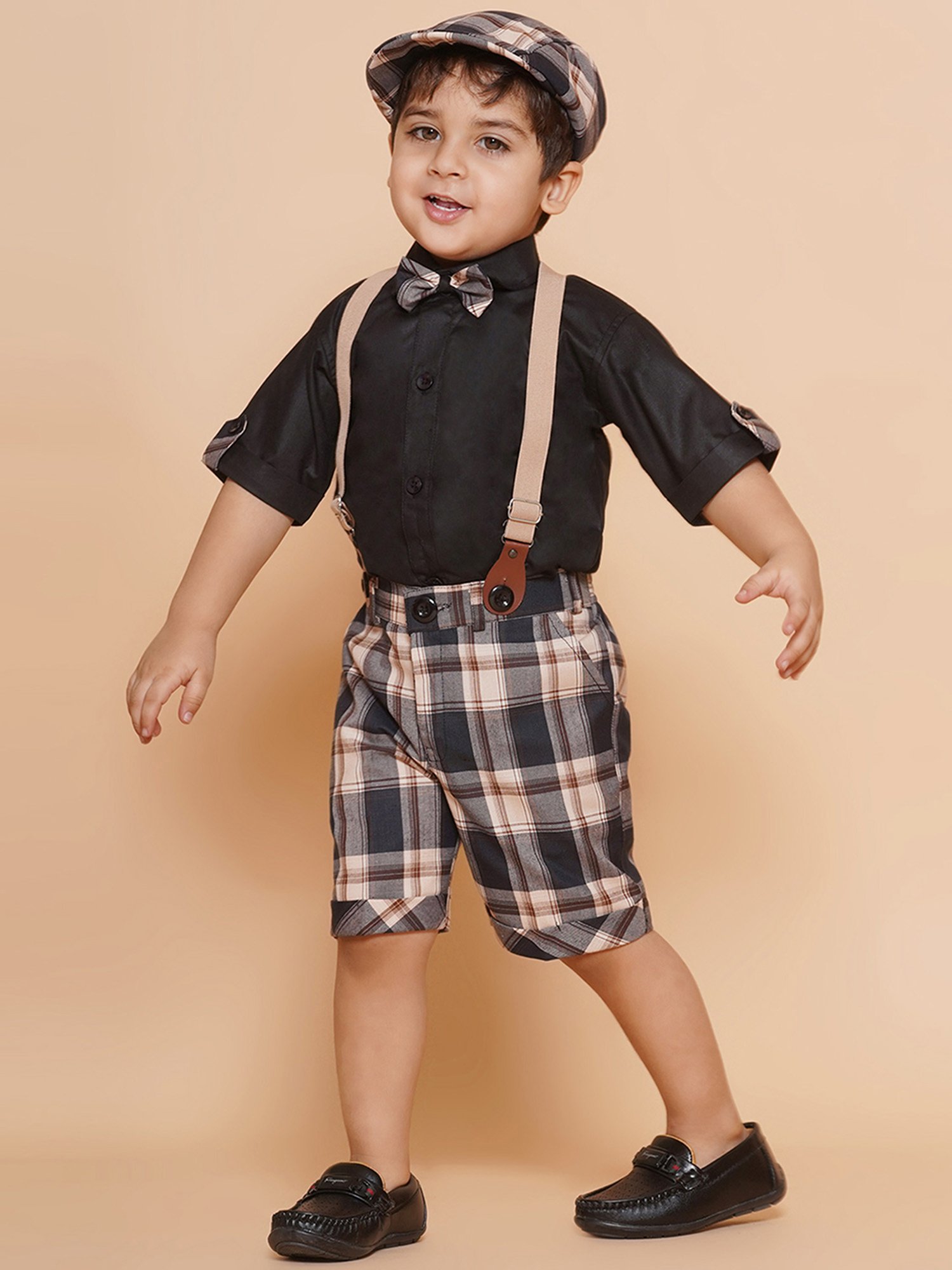AJ Dezines Kids Beige & Black Checks Shirt, Shorts, Suspender, Bow with Cap