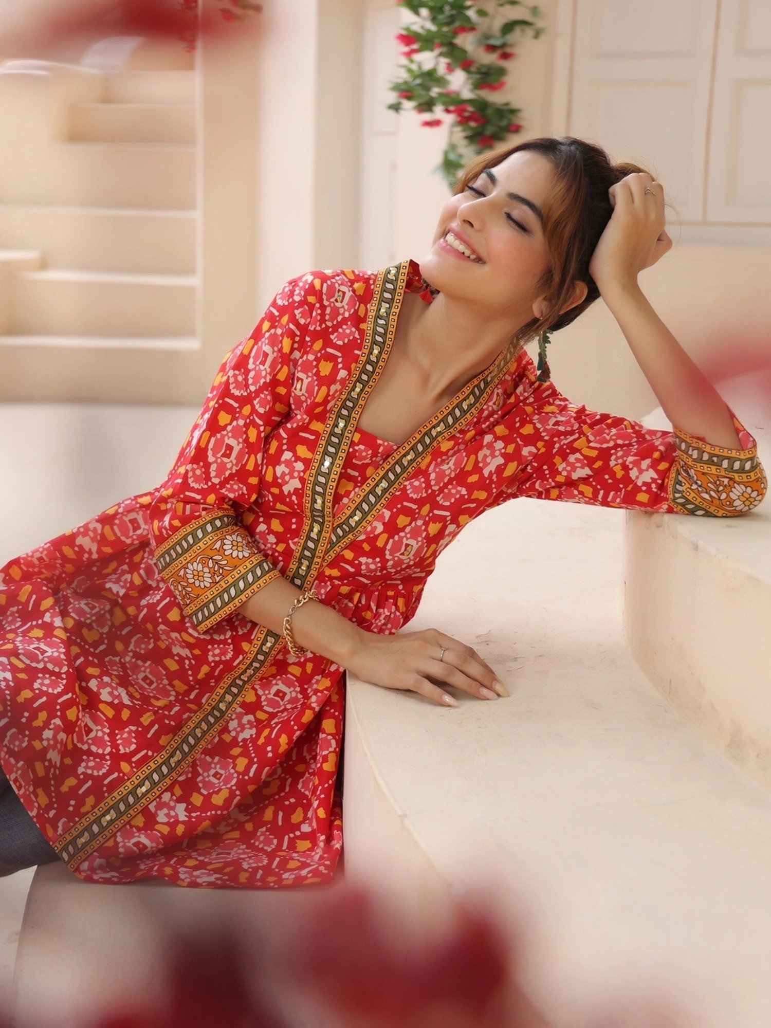 Rain and Rainbow Red Cotton Printed Top