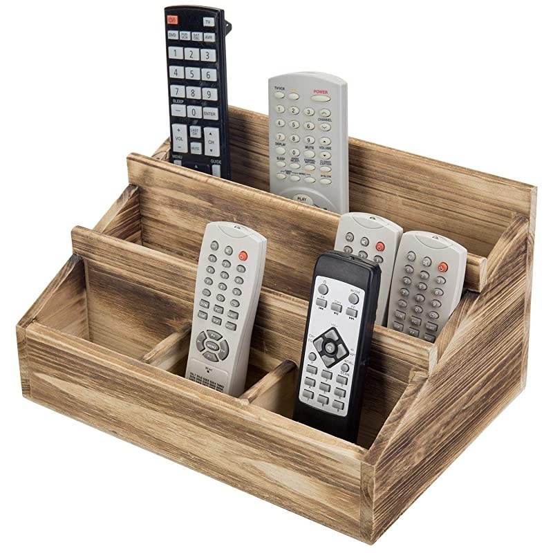9Compartment Rustic Brown Burnt Solid Wood Remote Control Holder Caddy Organizer