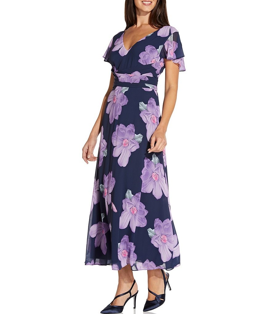 Adrianna Papell Floral Printed Chiffon Tie Waist Midi Dress