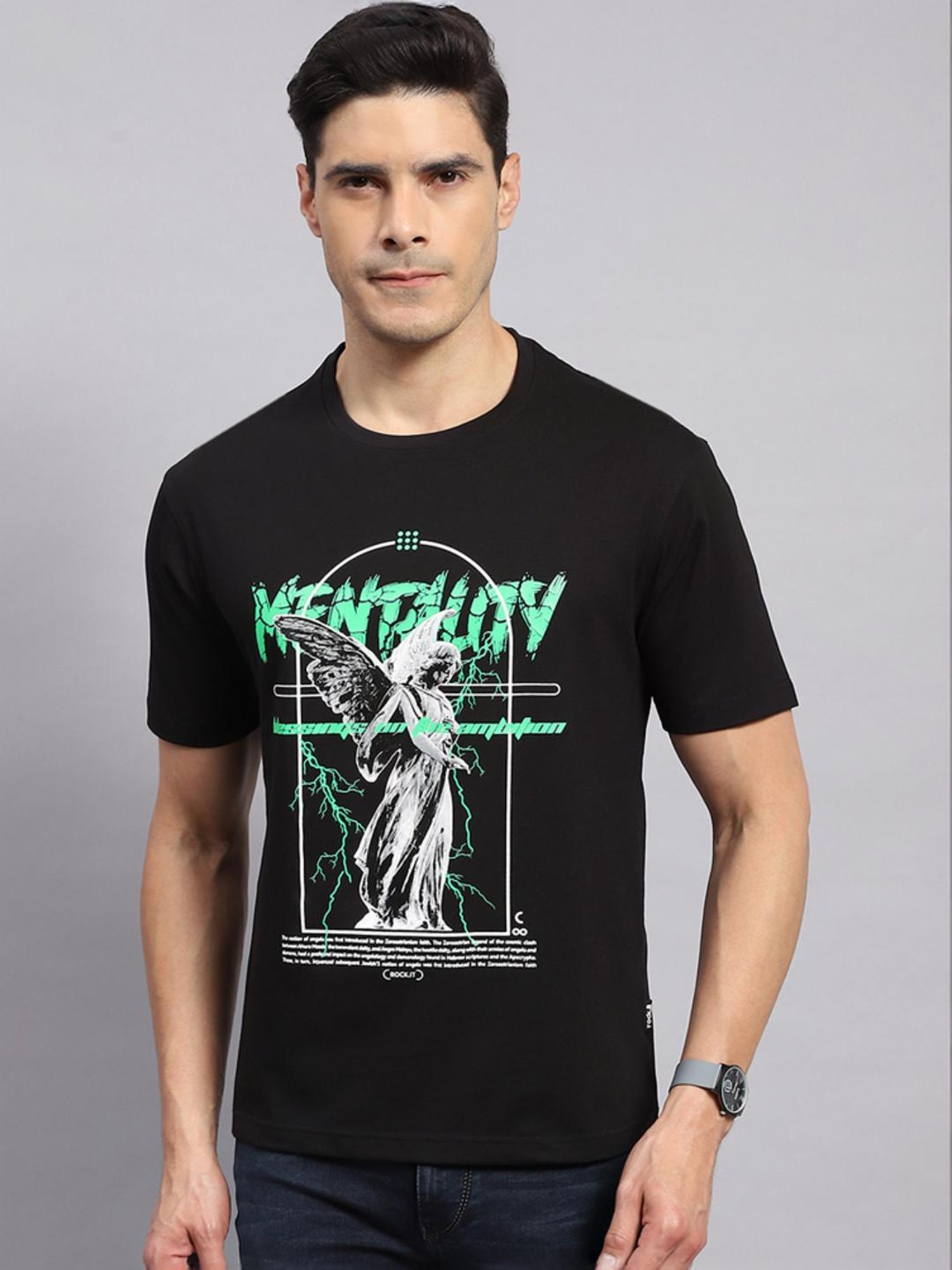 Rock.it Black Cotton Regular Fit Printed T-Shirt