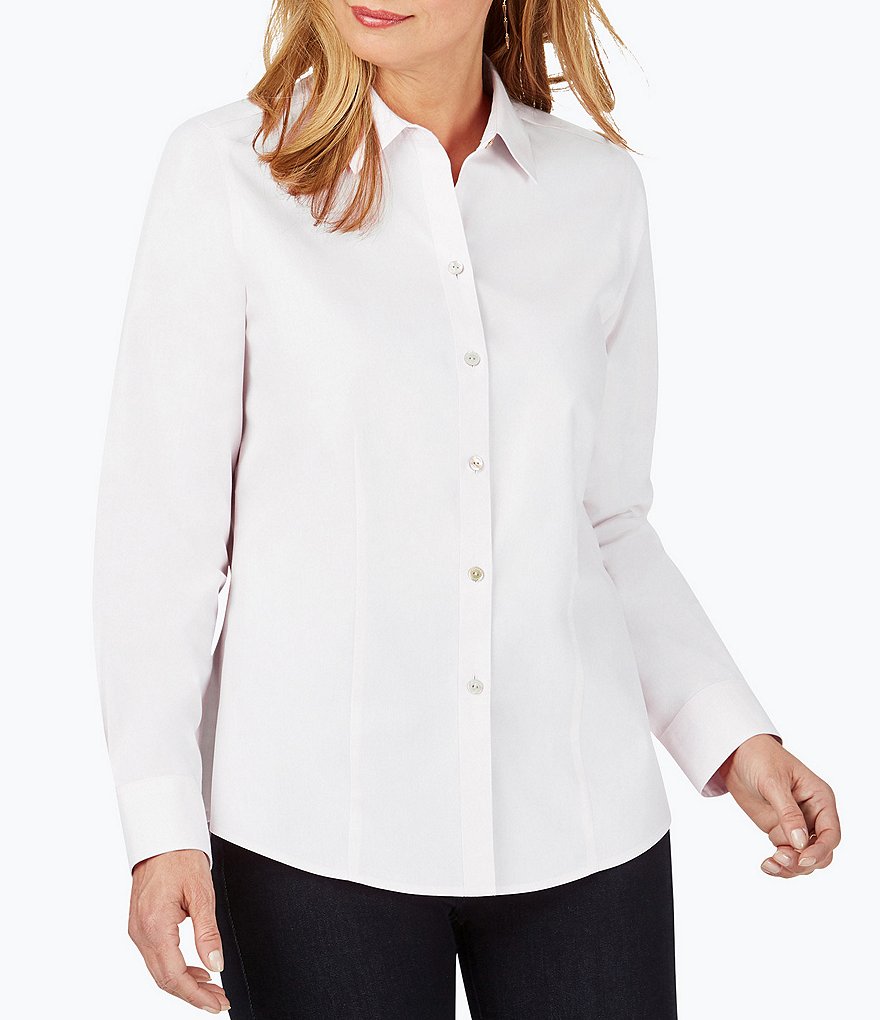 Foxcroft Dianna Point Collar Neck Long Sleeve Non-Iron Pinpoint Oxford Seamed Button Front Blouse