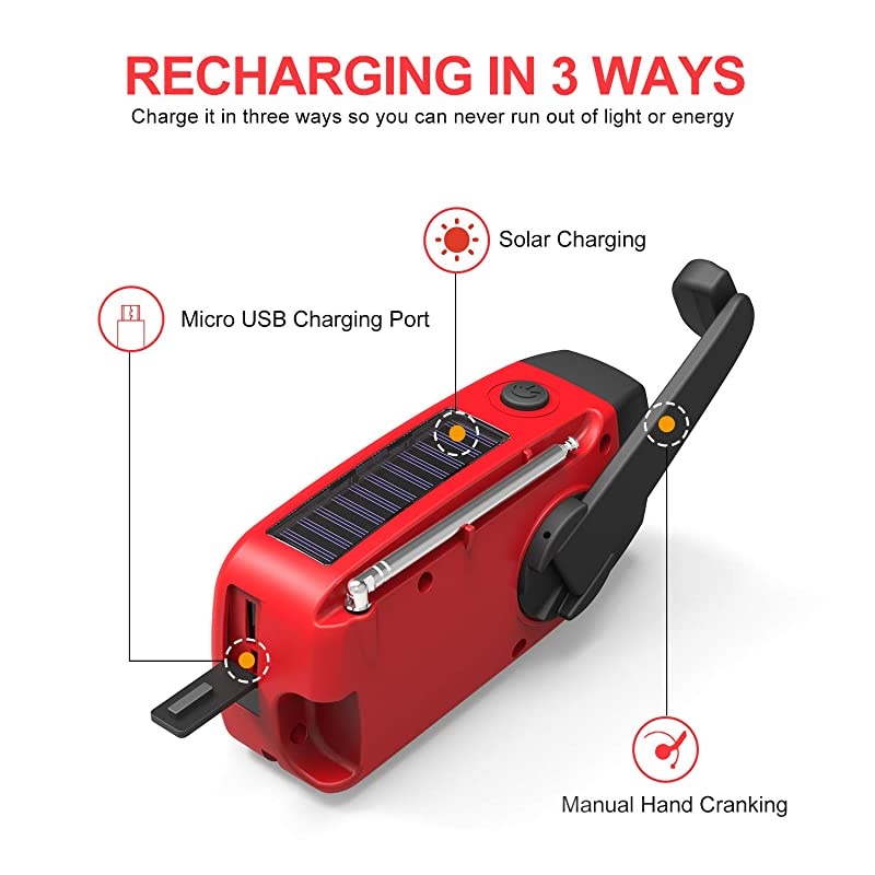 Upgraded Version Portable Emergency Weather Radio Hand Crank Self Powered AMFMNOAA Solar Radios with 3 LED Flashlight 1000mAh Power Bank Phone Charger Red